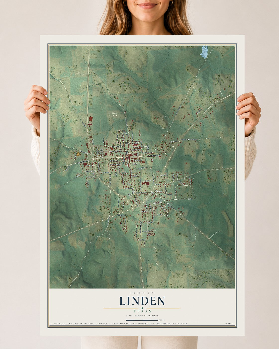 Map of Linden, Texas, 24 x 36 inch unframed archival matte print