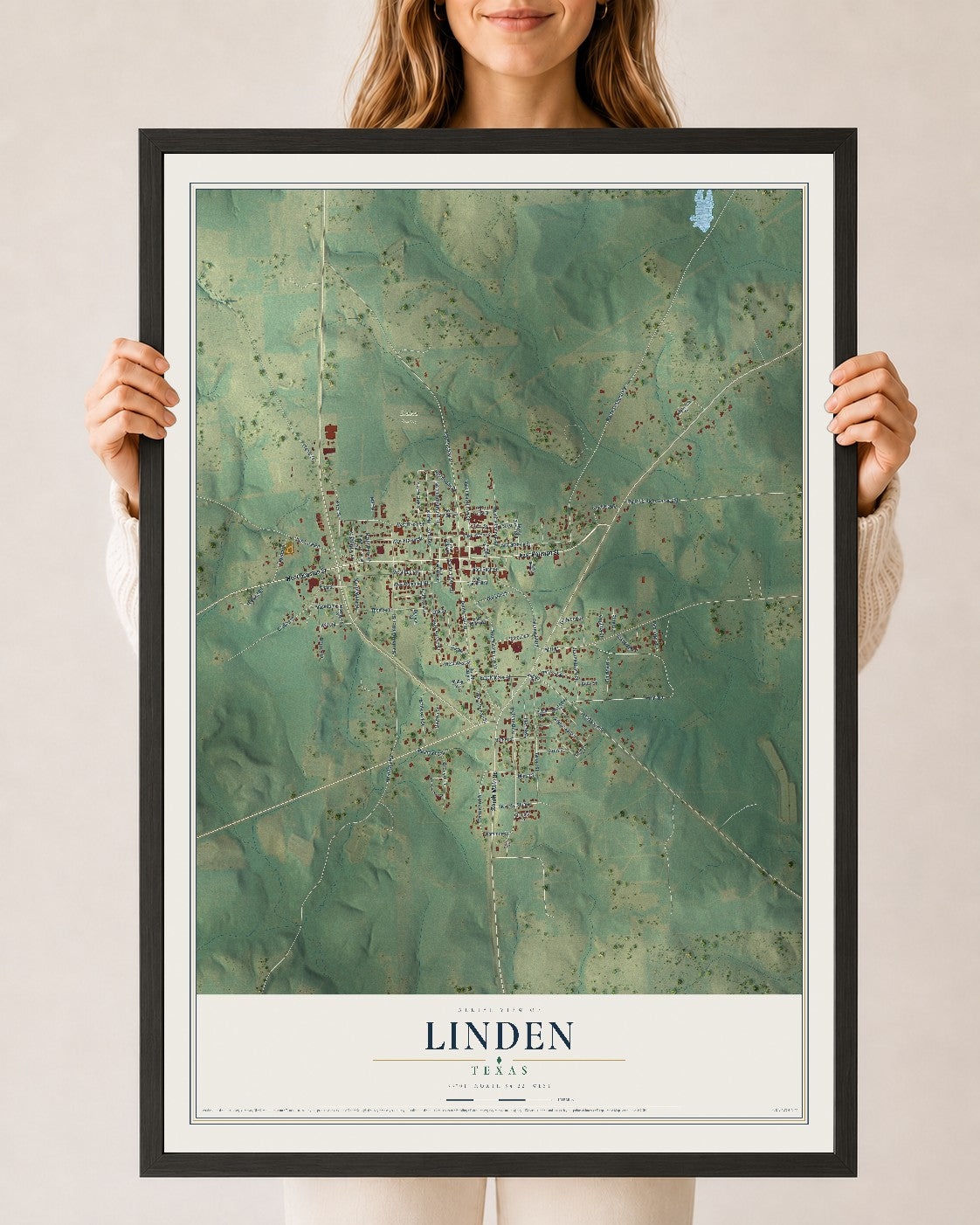 Map of Linden, Texas, 24 x 36 inch print in a black wood frame