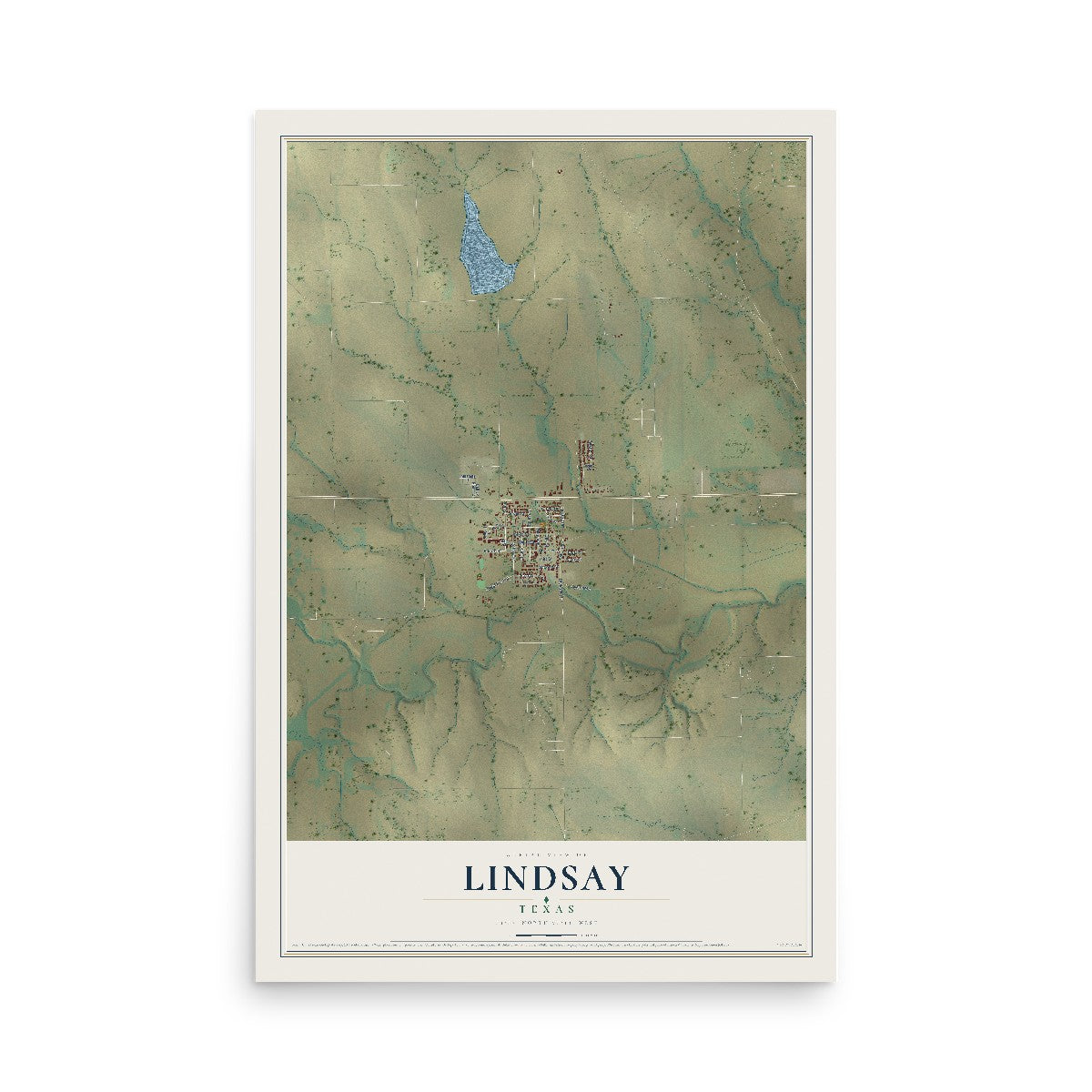 Map of Lindsay, Texas, 12 x 18 inch unframed archival matte print