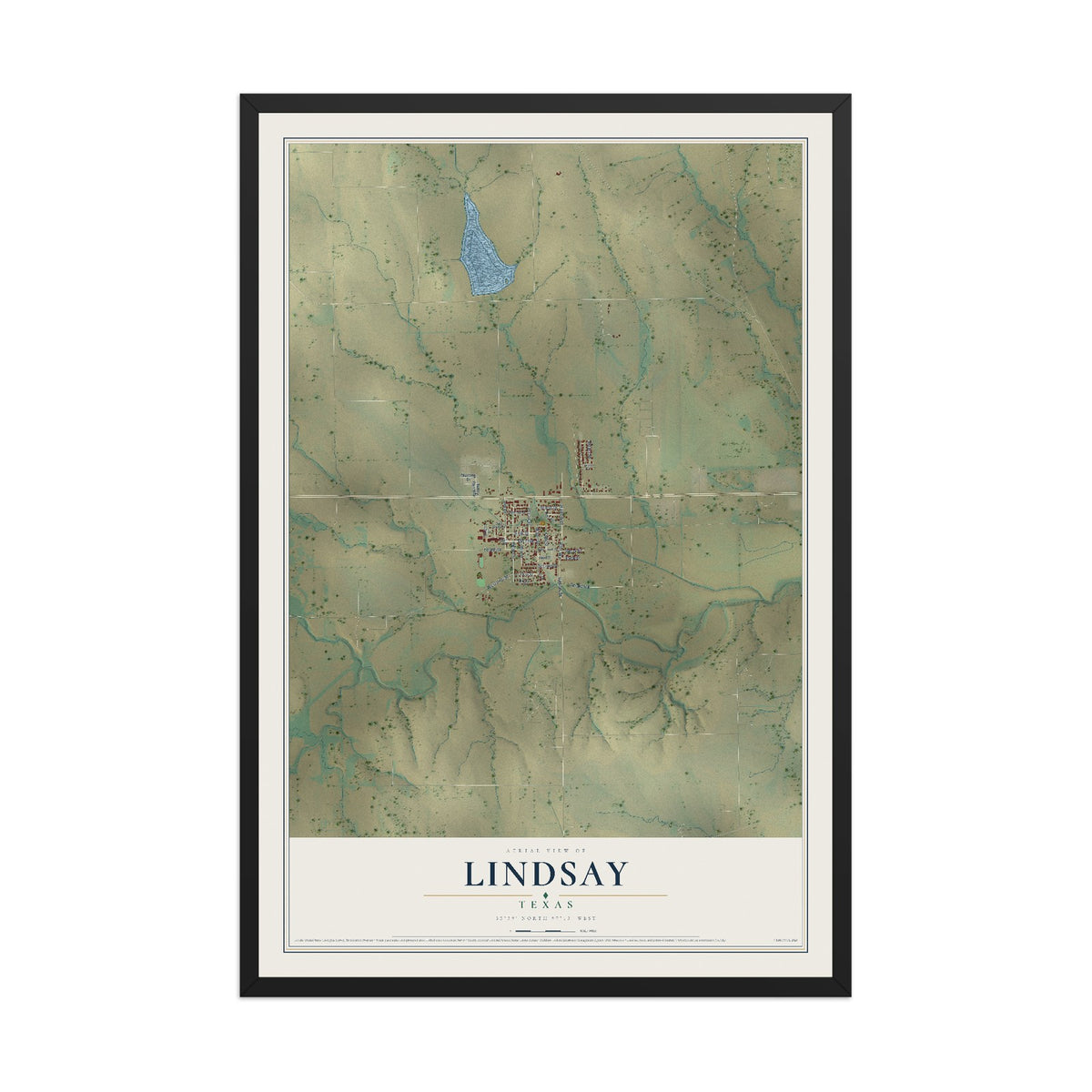 Map of Lindsay, Texas, 12 x 18 inch print in a black wood frame