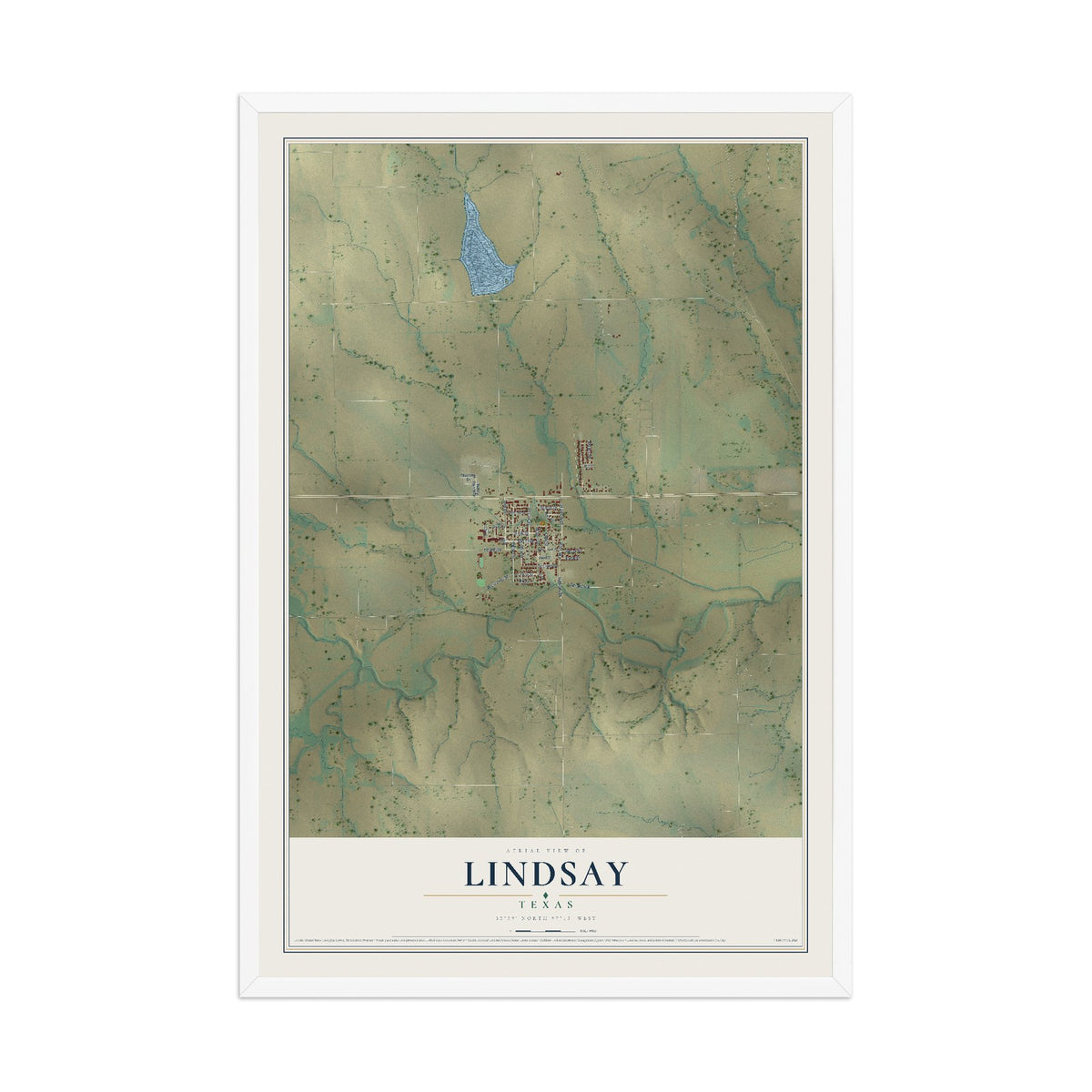 Map of Lindsay, Texas, 12 x 18 inch print in a white wood frame