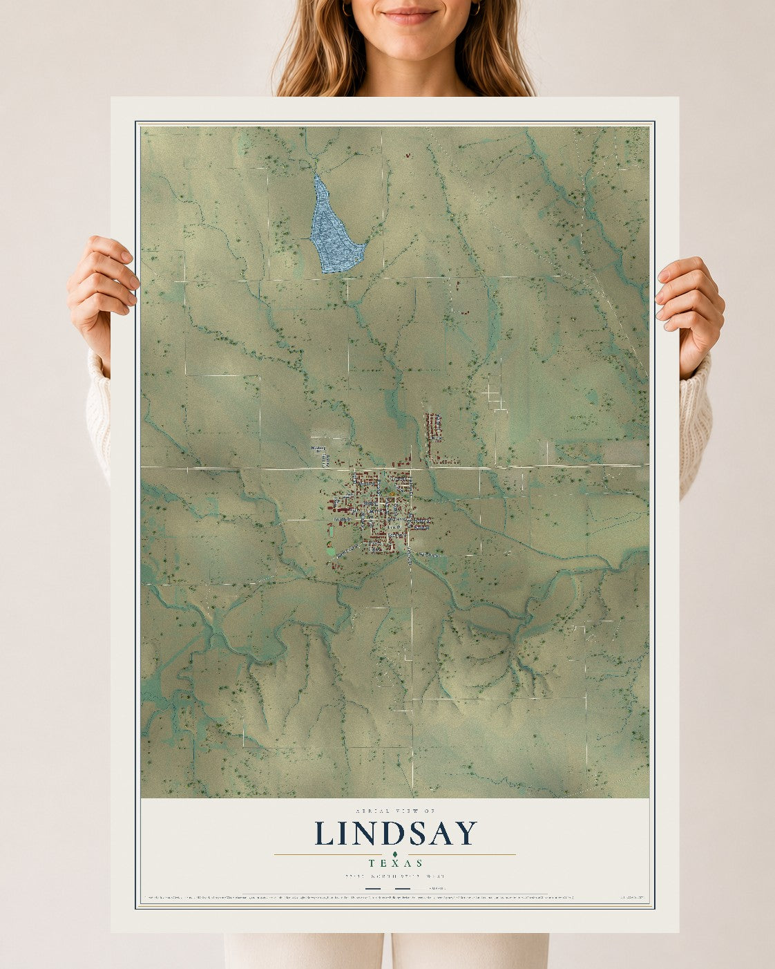 Map of Lindsay, Texas, 24 x 36 inch unframed archival matte print