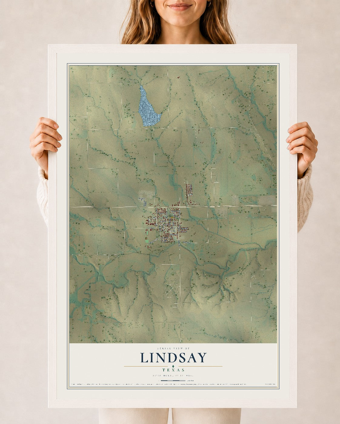 Map of Lindsay, Texas, 24 x 36 inch print in a white wood frame