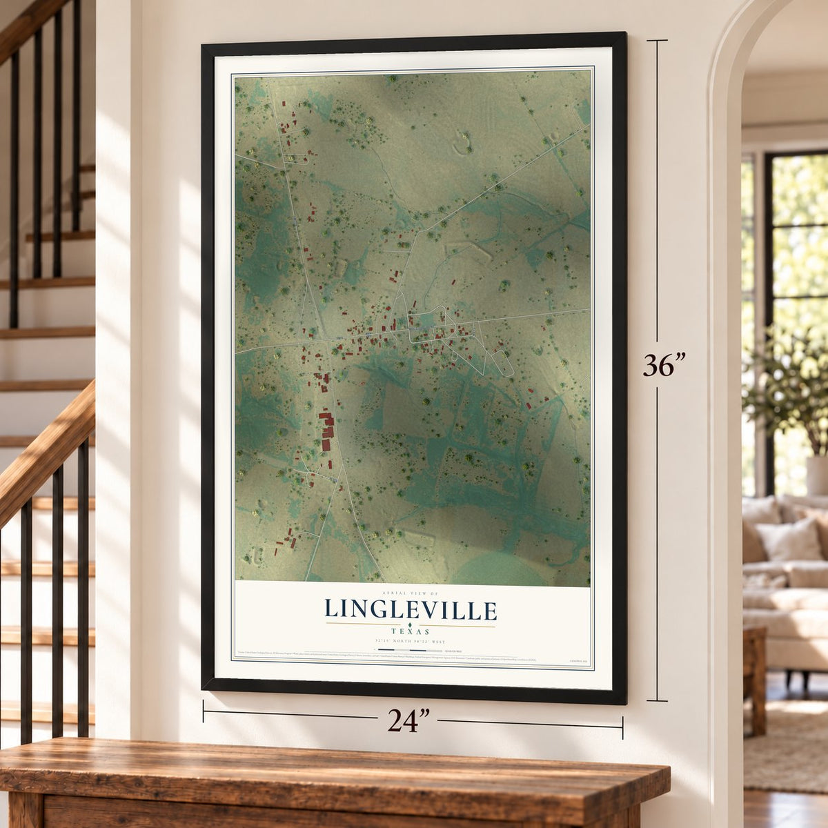 Lingleville, Texas map, 24 x 36 inch print in a black frame by a staircase