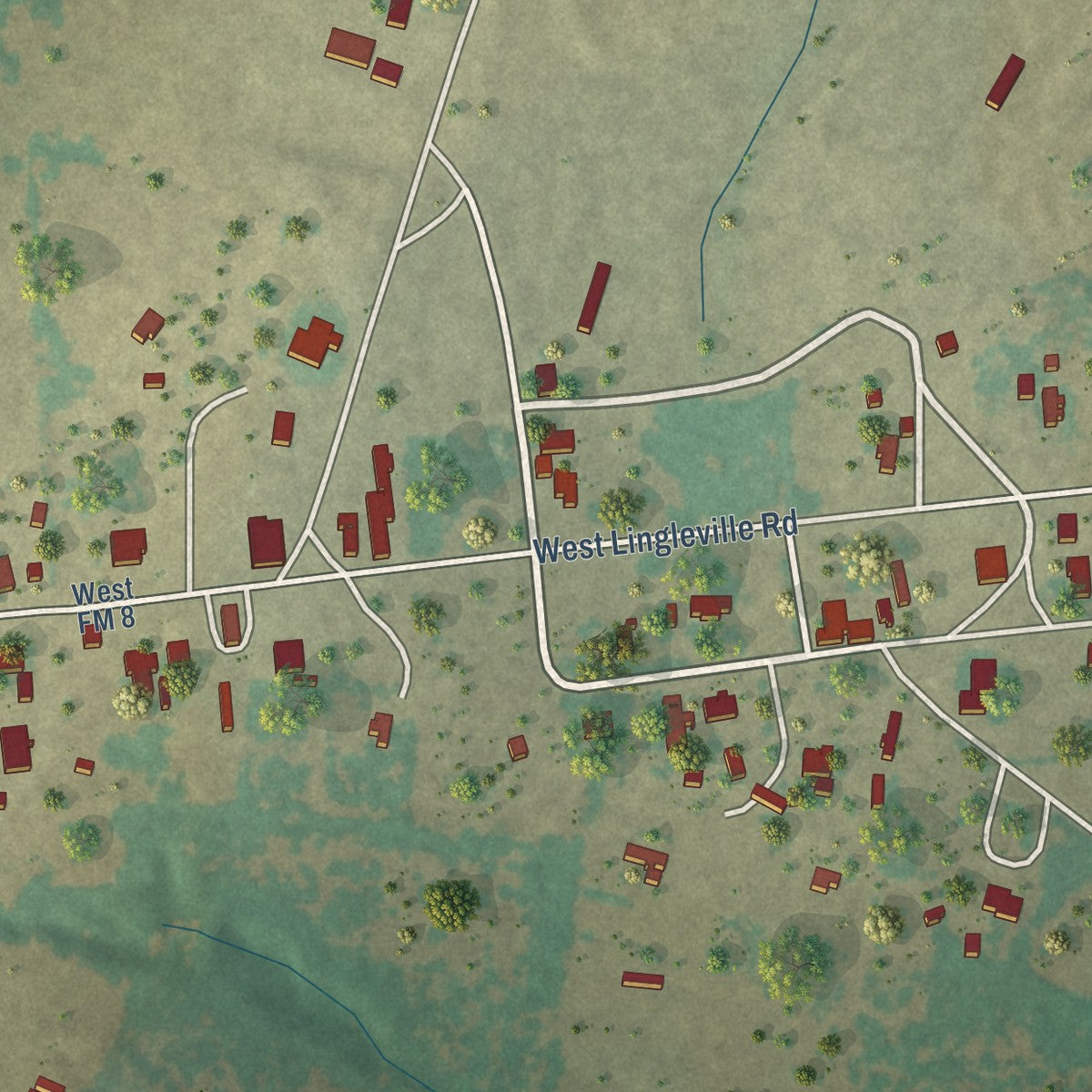 Close-up of the map of Lingleville, Texas print showing street and building detail