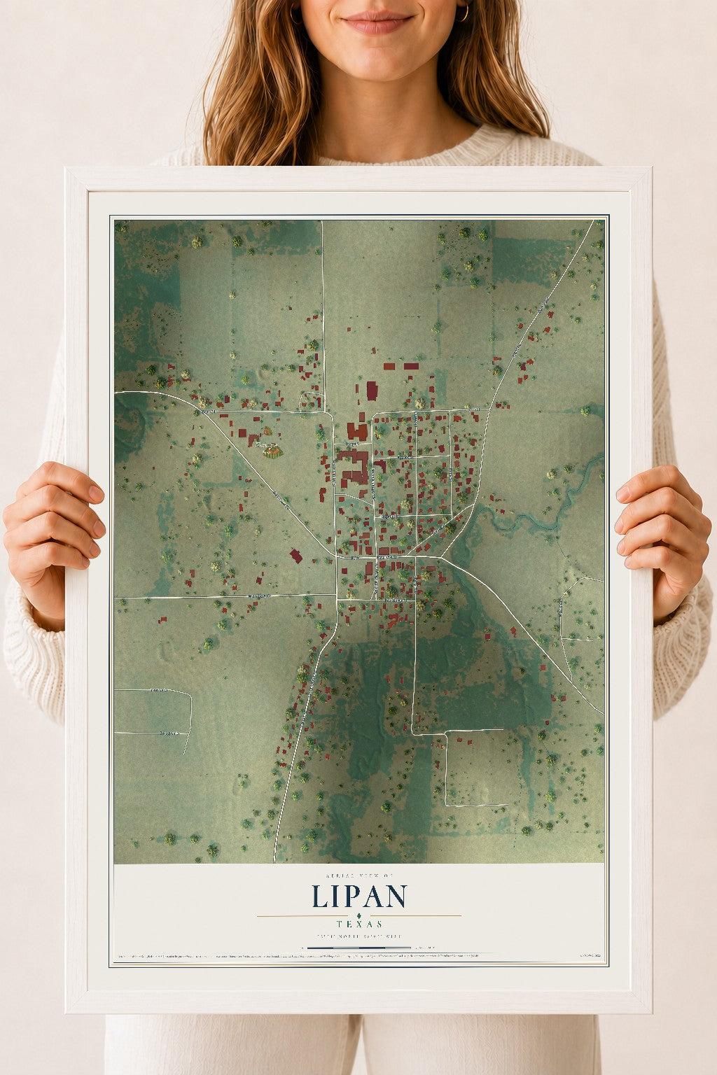 Map of Lipan, Texas, 18 x 24 inch print in a white wood frame