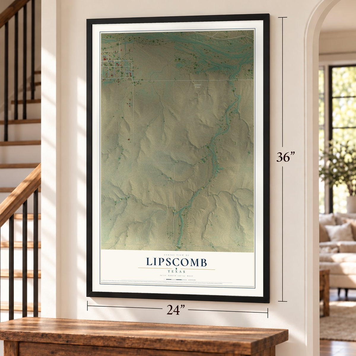 Lipscomb, Texas map, 24 x 36 inch print in a black frame by a staircase