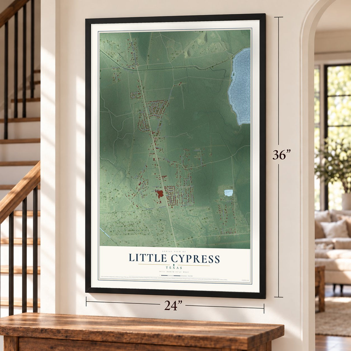 Little Cypress, Texas map, 24 x 36 inch print in a black frame by a staircase
