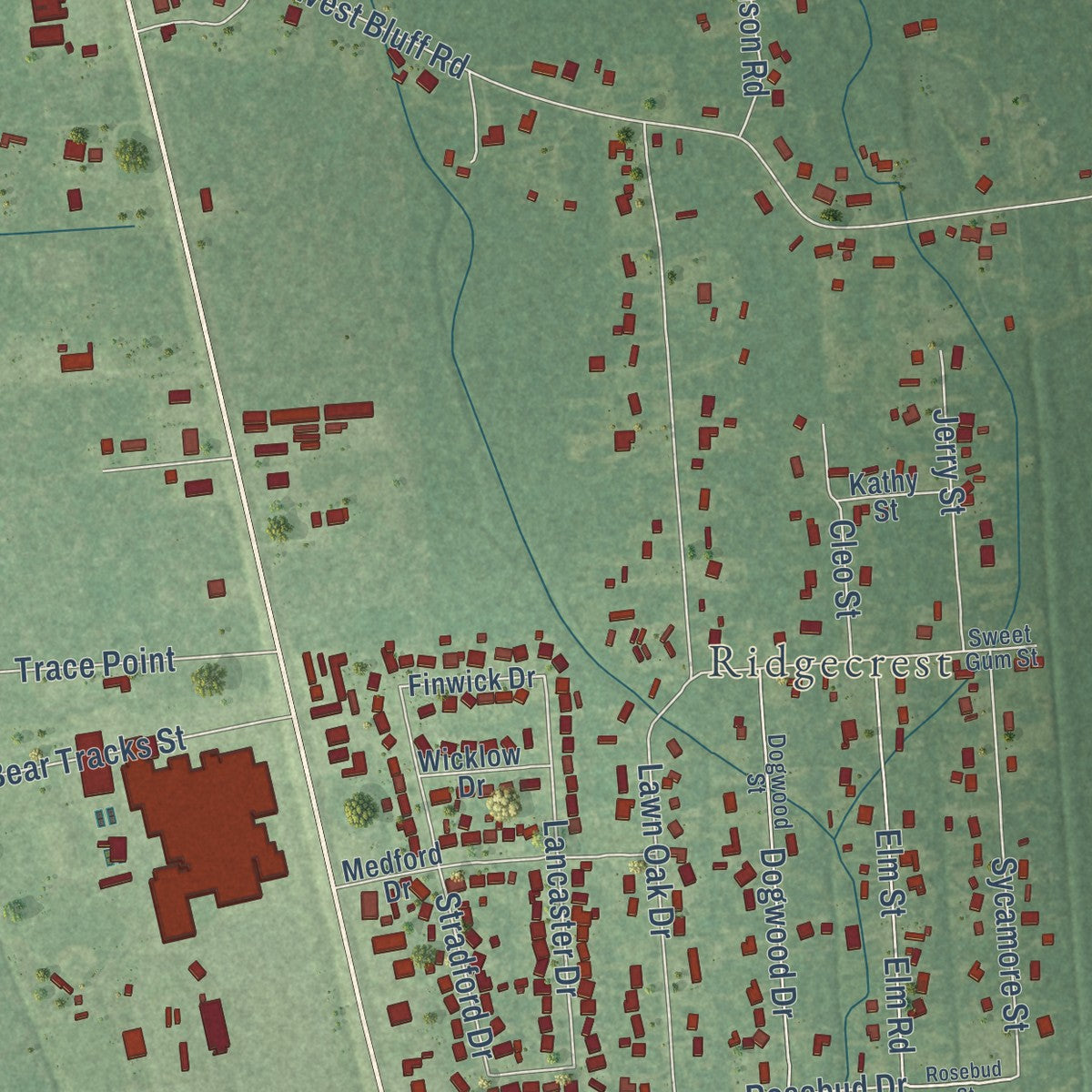 Close-up of the map of Little Cypress, Texas print showing street and building detail