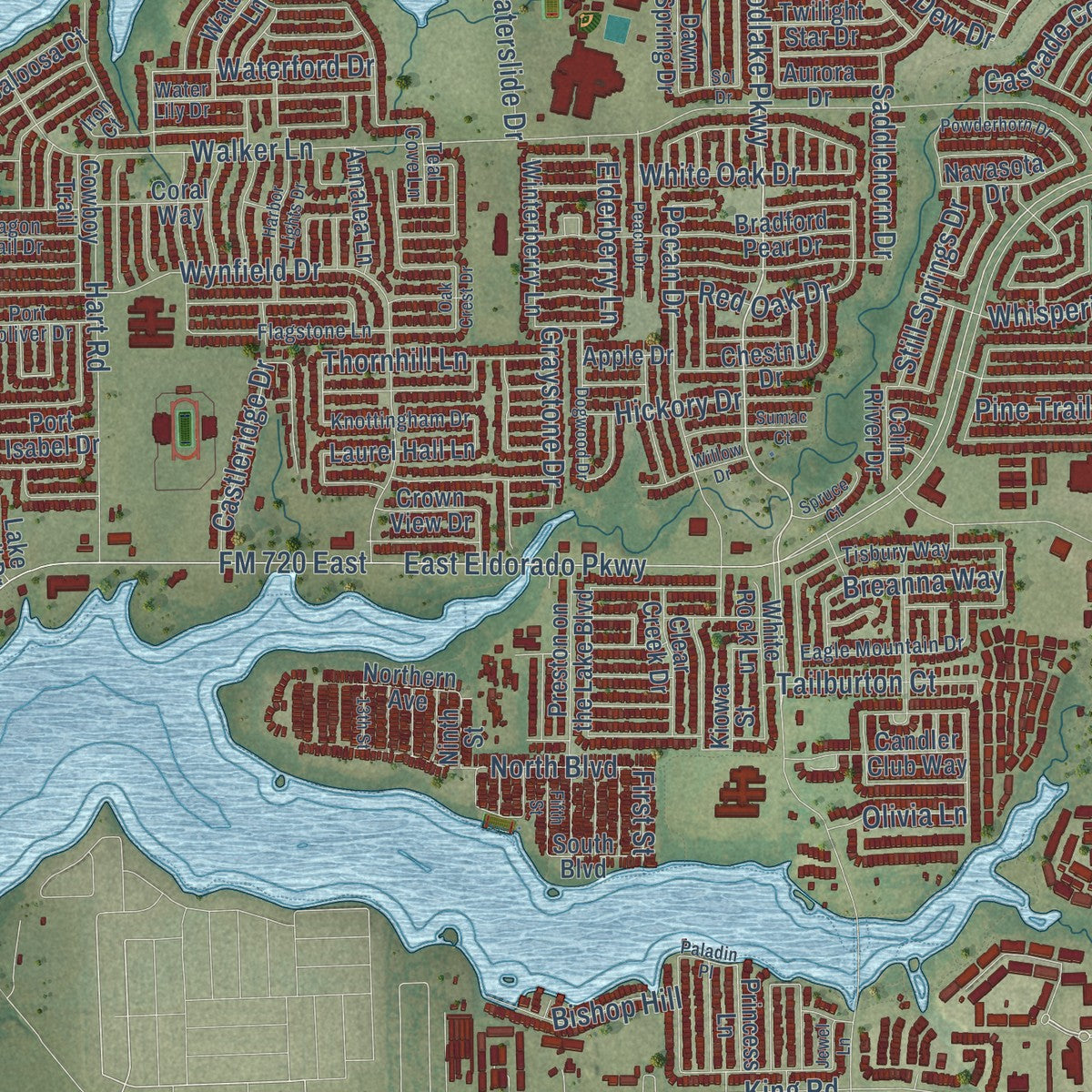 Close-up of the map of Little Elm, Texas print showing street and building detail