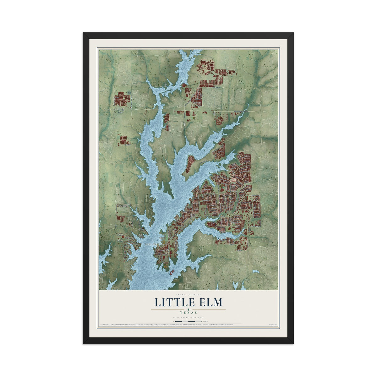 Map of Little Elm, Texas, 12 x 18 inch print in a black wood frame