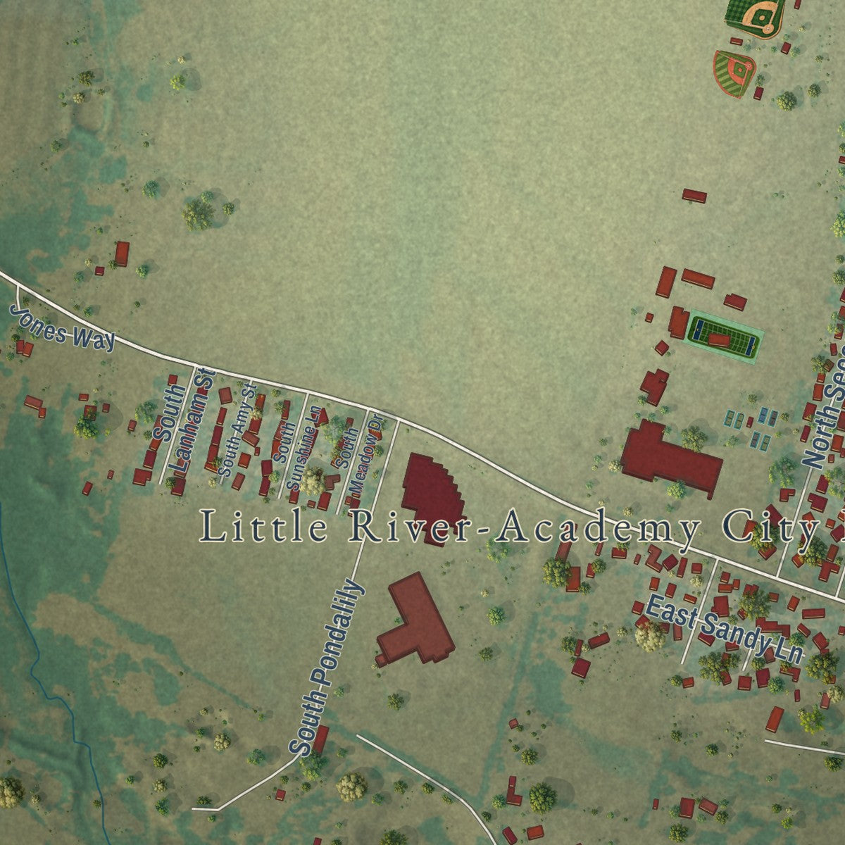 Second close-up of the map of Little River-Academy, Texas print showing more streets and buildings