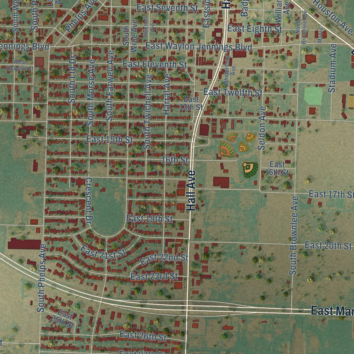 Close-up of the map of Littlefield, Texas print showing street and building detail