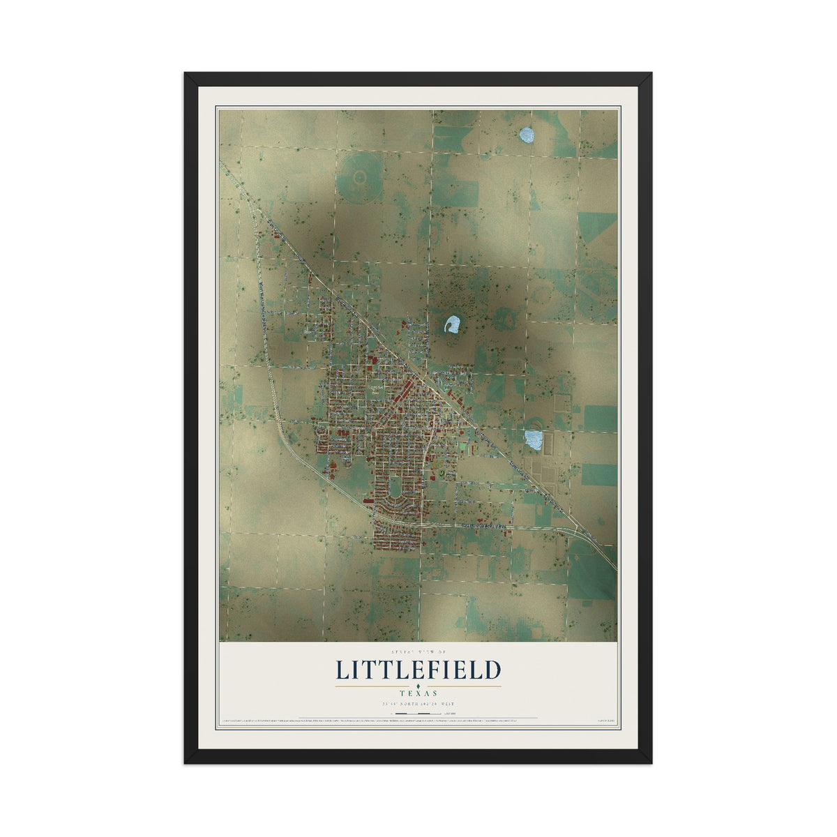 Map of Littlefield, Texas, 12 x 18 inch print in a black wood frame