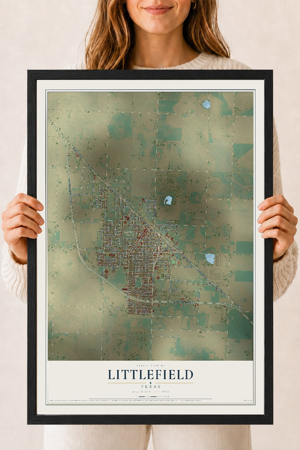 Map of Littlefield, Texas, 18 x 24 inch print in a black wood frame