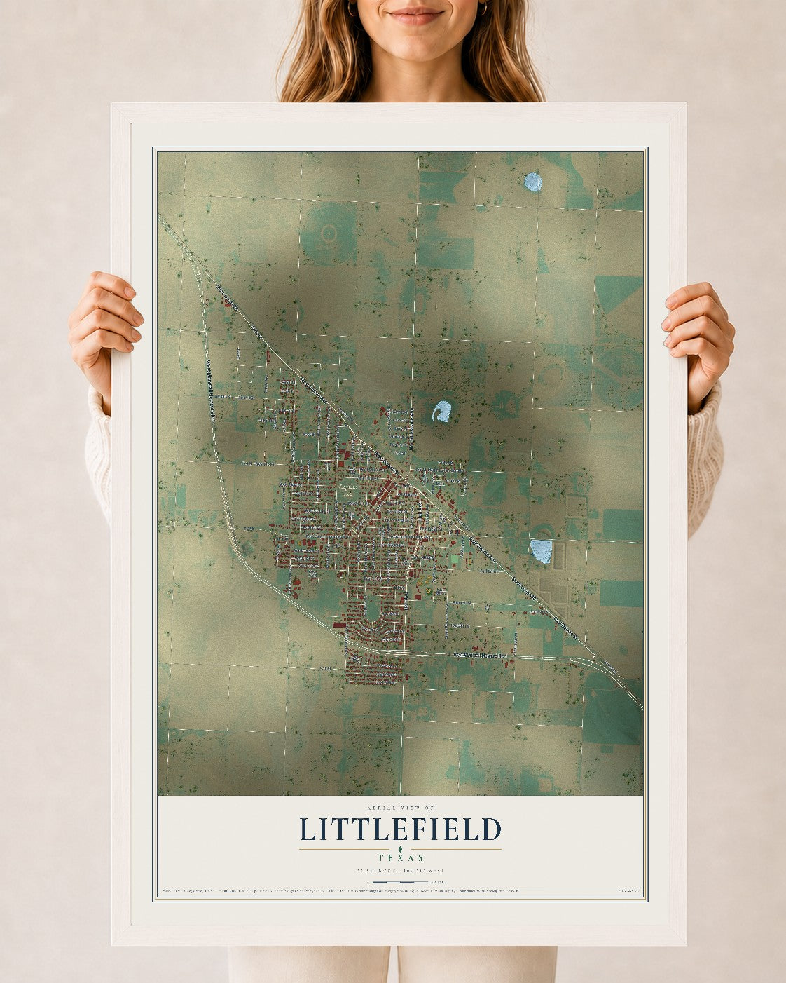 Map of Littlefield, Texas, 24 x 36 inch print in a white wood frame