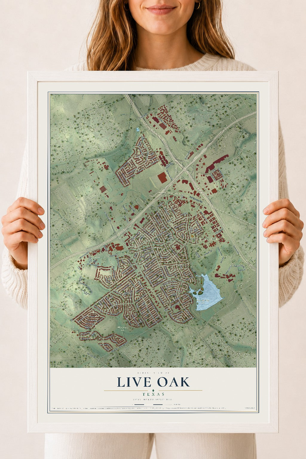 Map of Live Oak, Texas, 18 x 24 inch print in a white wood frame