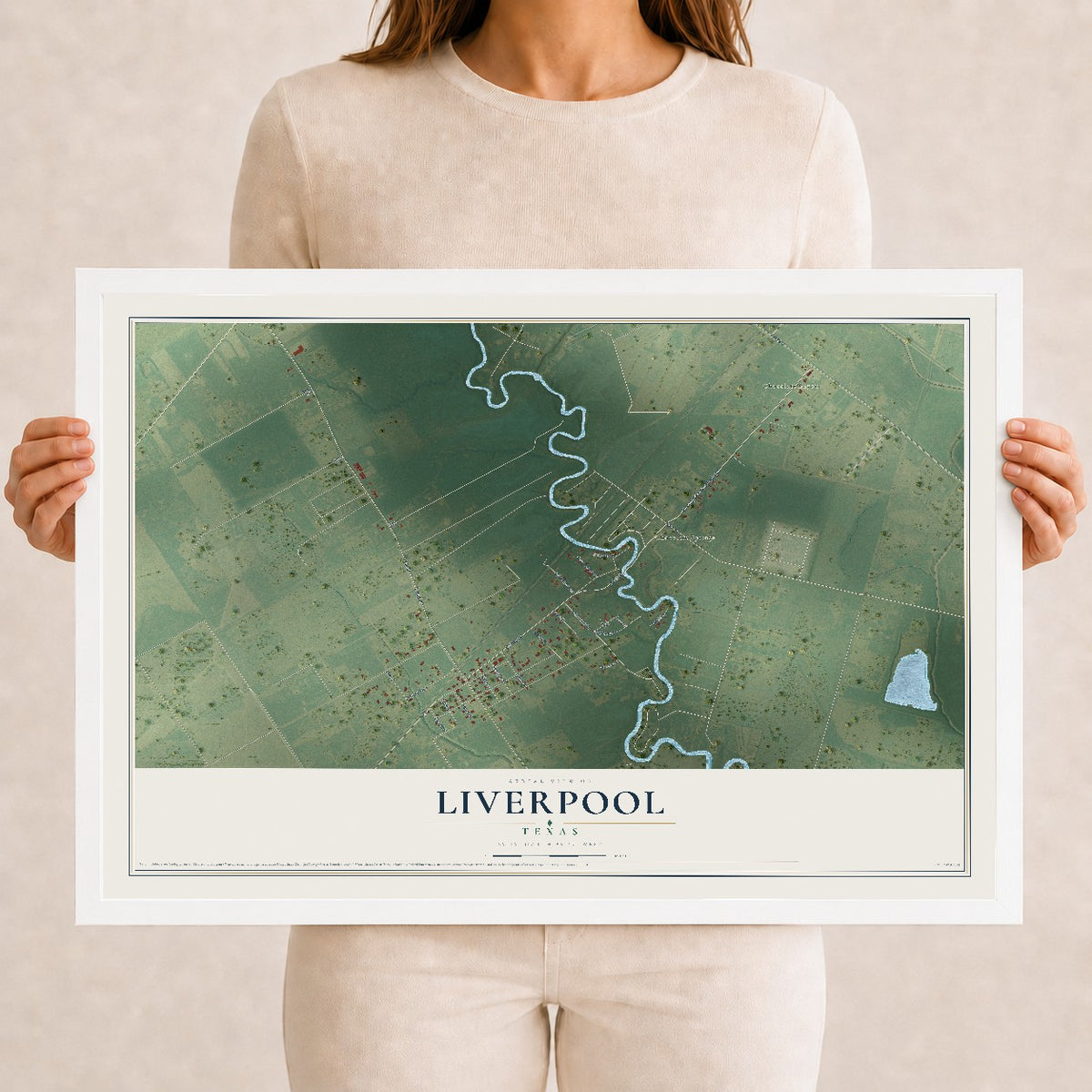 Map of Liverpool, Texas, 12 x 18 inch print in a white wood frame