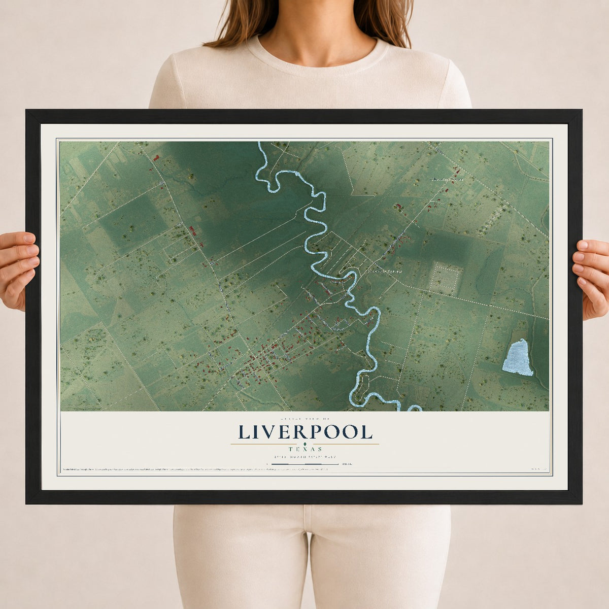 Map of Liverpool, Texas, 18 x 24 inch print in a black wood frame