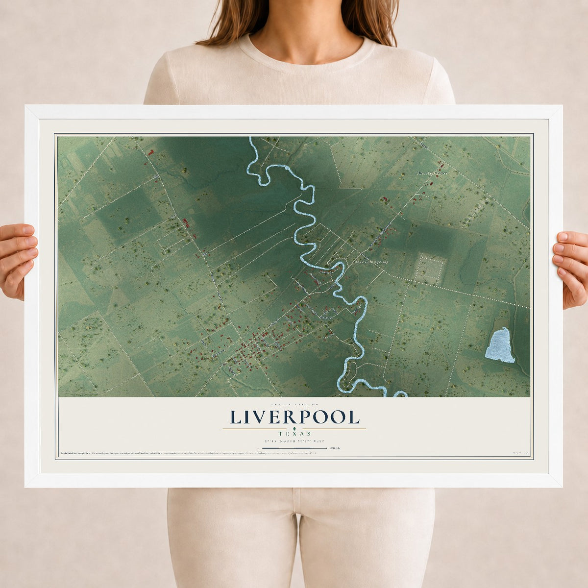 Map of Liverpool, Texas, 18 x 24 inch print in a white wood frame