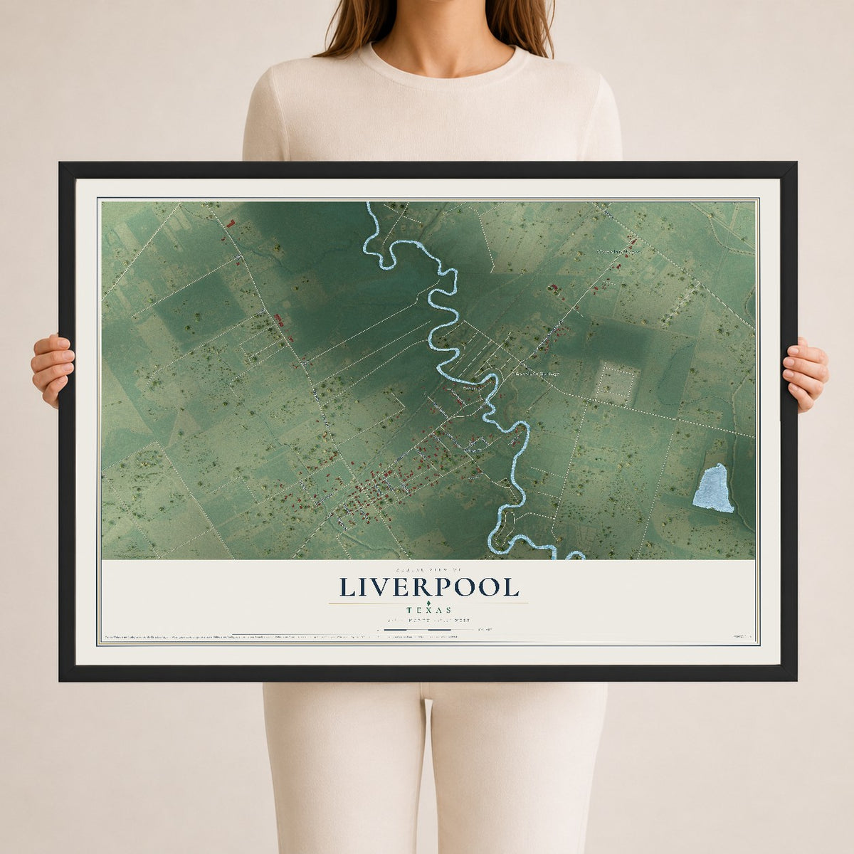 Map of Liverpool, Texas, 24 x 36 inch print in a black wood frame