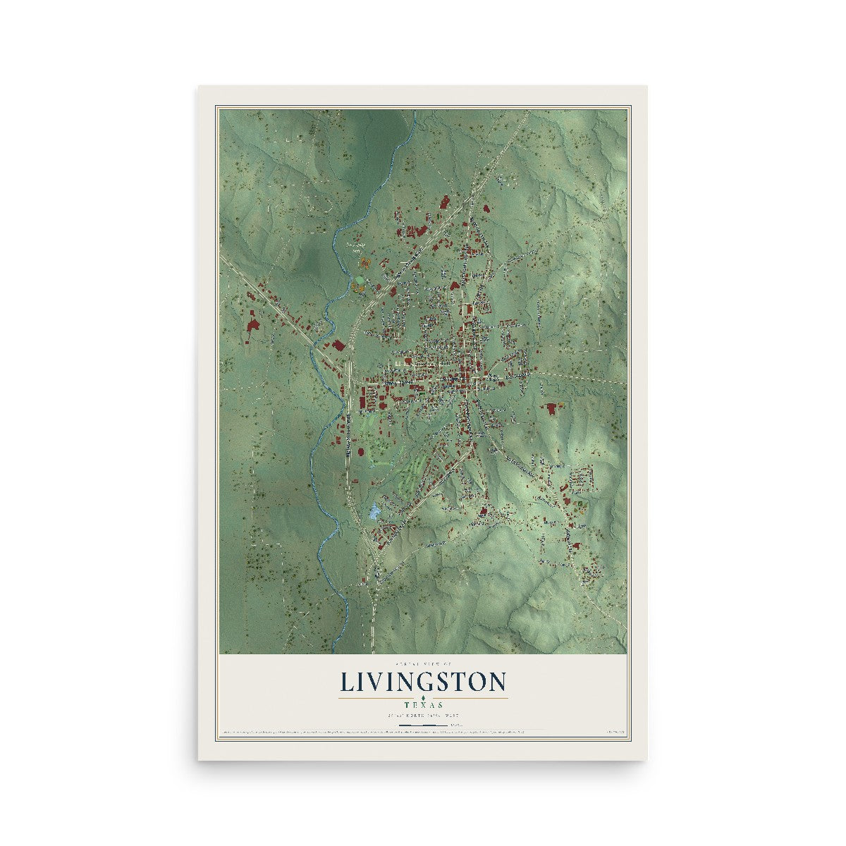 Map of Livingston, Texas, 12 x 18 inch unframed archival matte print