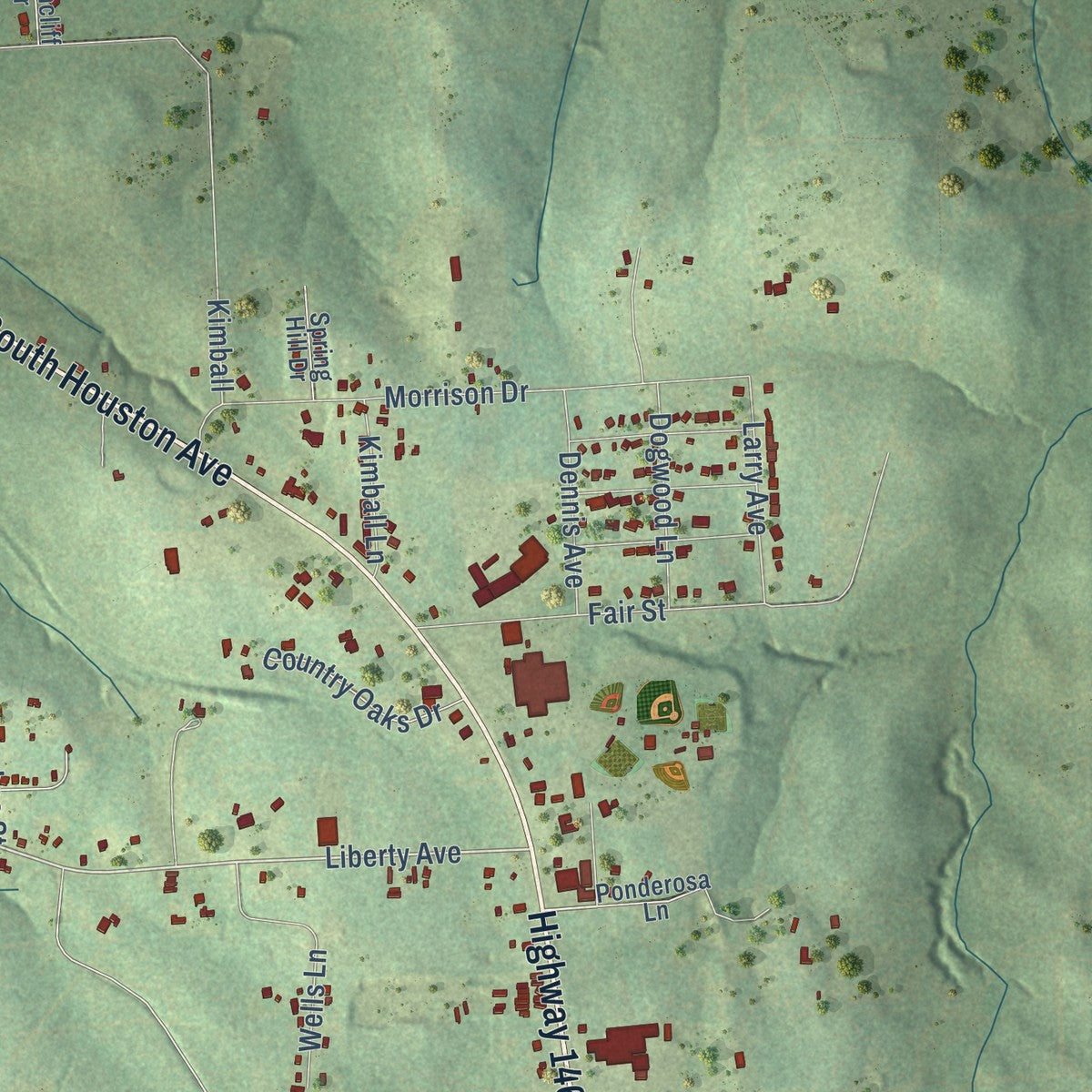 Second close-up of the map of Livingston, Texas print showing more streets and buildings