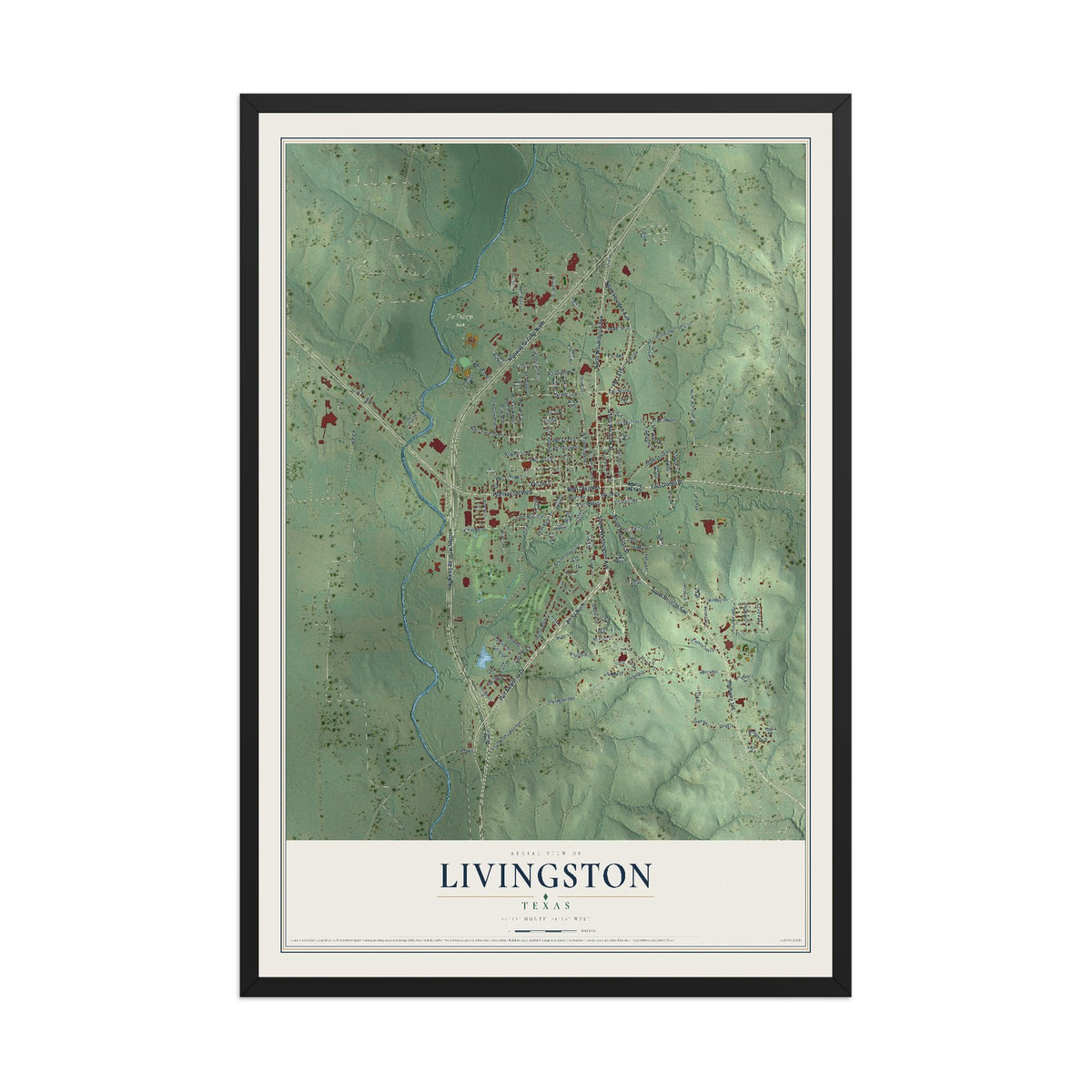 Map of Livingston, Texas, 12 x 18 inch print in a black wood frame