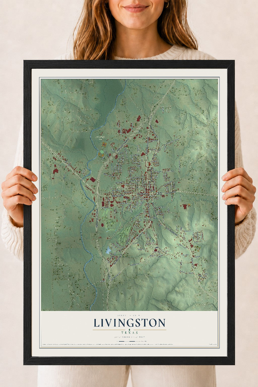 Map of Livingston, Texas, 18 x 24 inch print in a black wood frame
