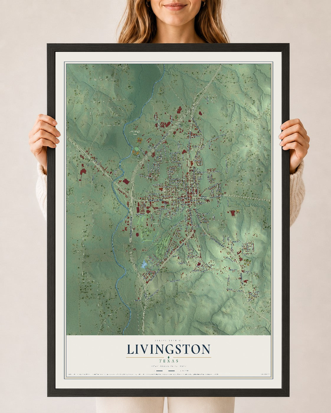 Map of Livingston, Texas, 24 x 36 inch print in a black wood frame