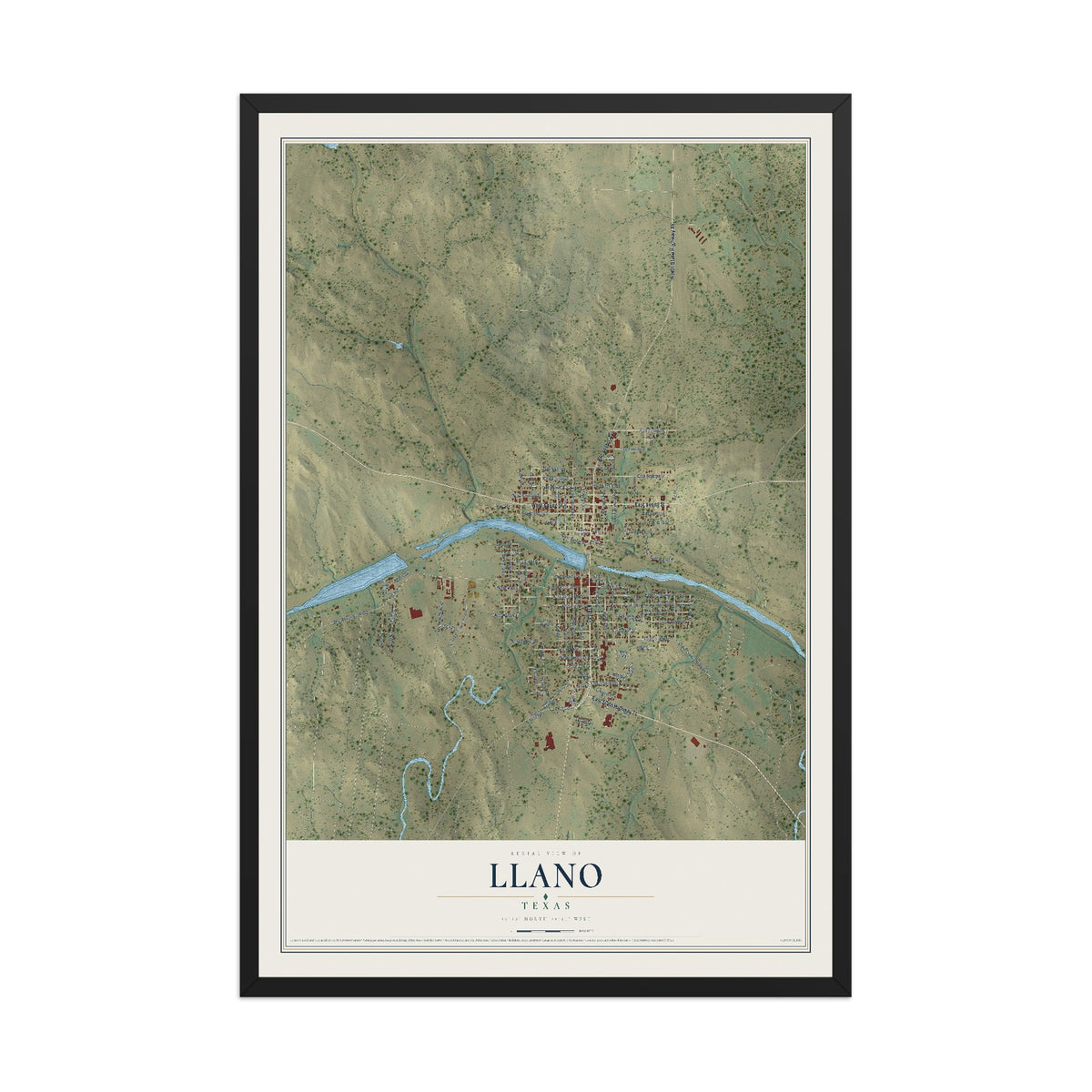 Map of Llano, Texas, 12 x 18 inch print in a black wood frame