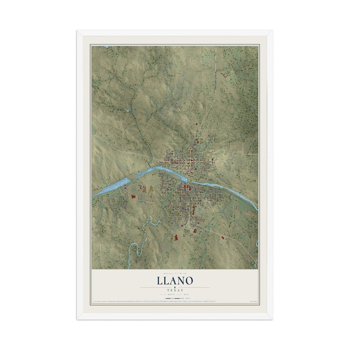 Map of Llano, Texas, 12 x 18 inch print in a white wood frame