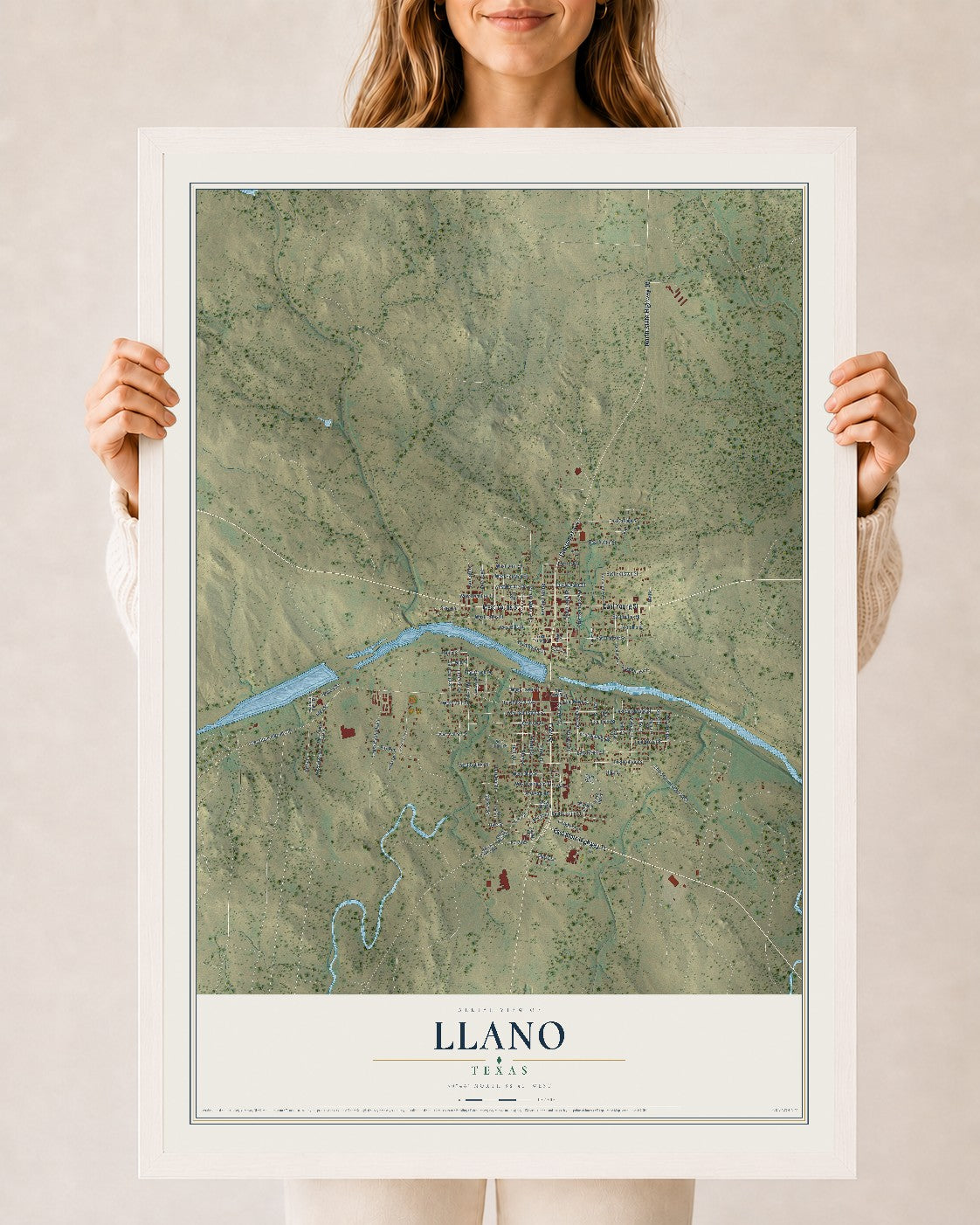 Map of Llano, Texas, 24 x 36 inch print in a white wood frame