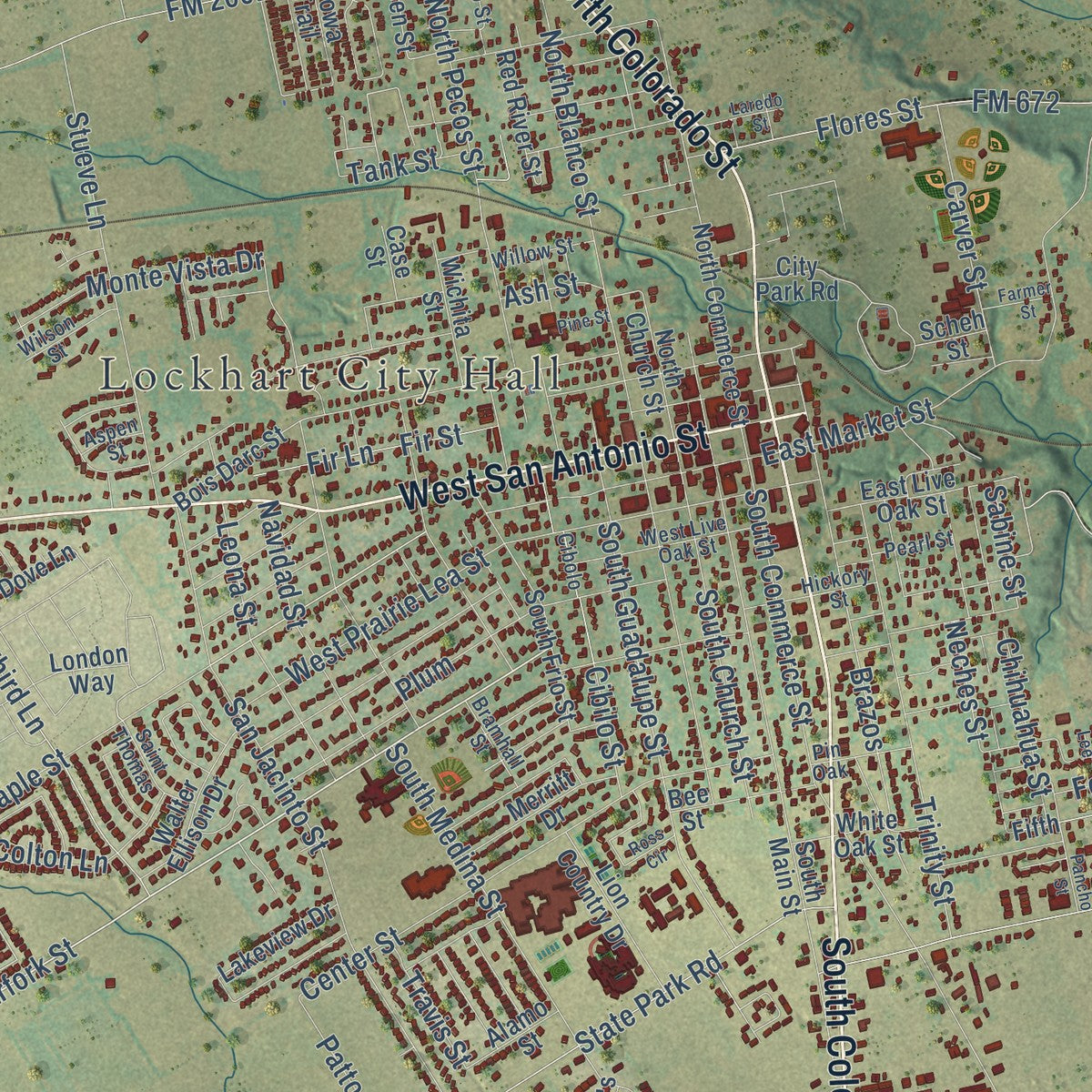 Close-up of the map of Lockhart, Texas print showing street and building detail