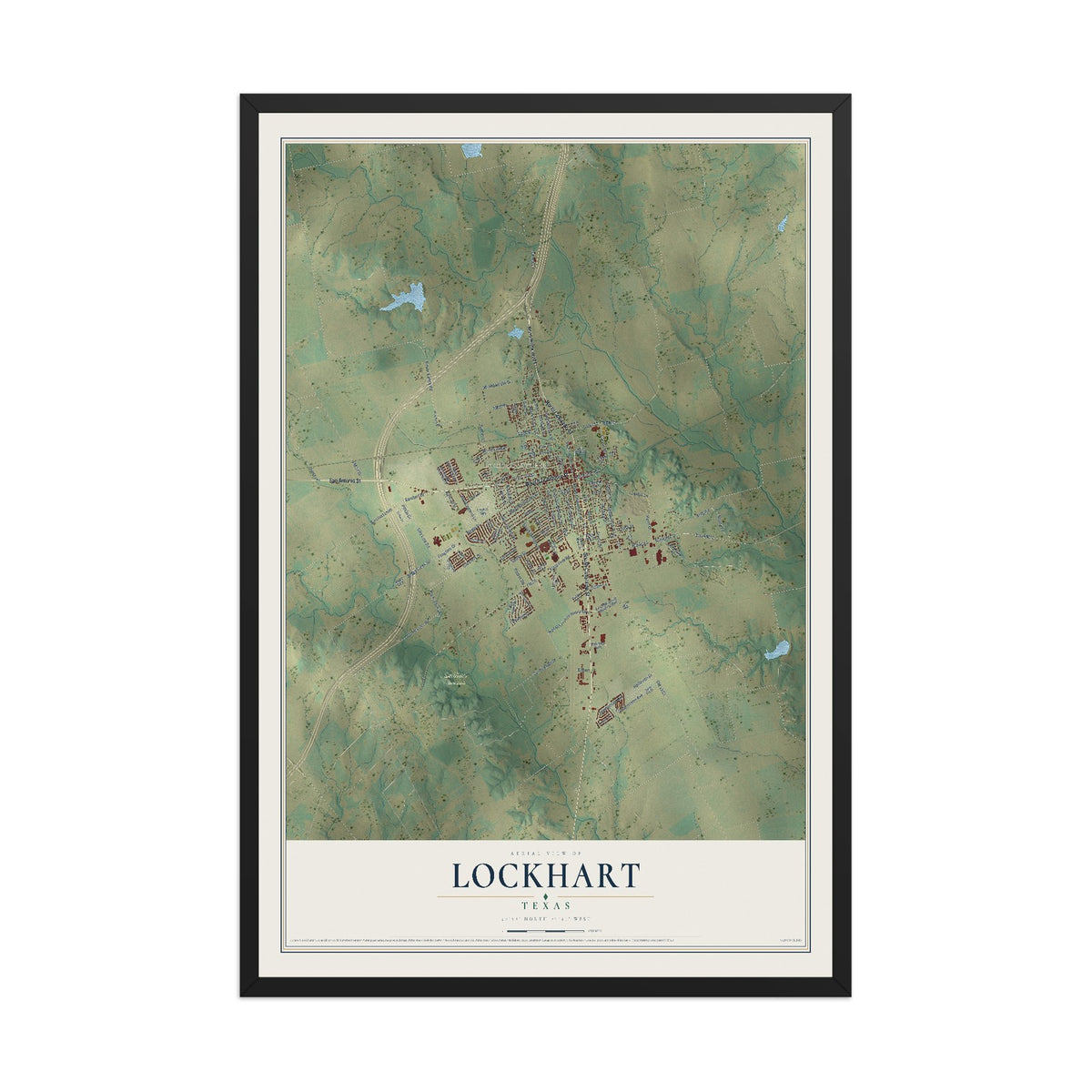 Map of Lockhart, Texas, 12 x 18 inch print in a black wood frame