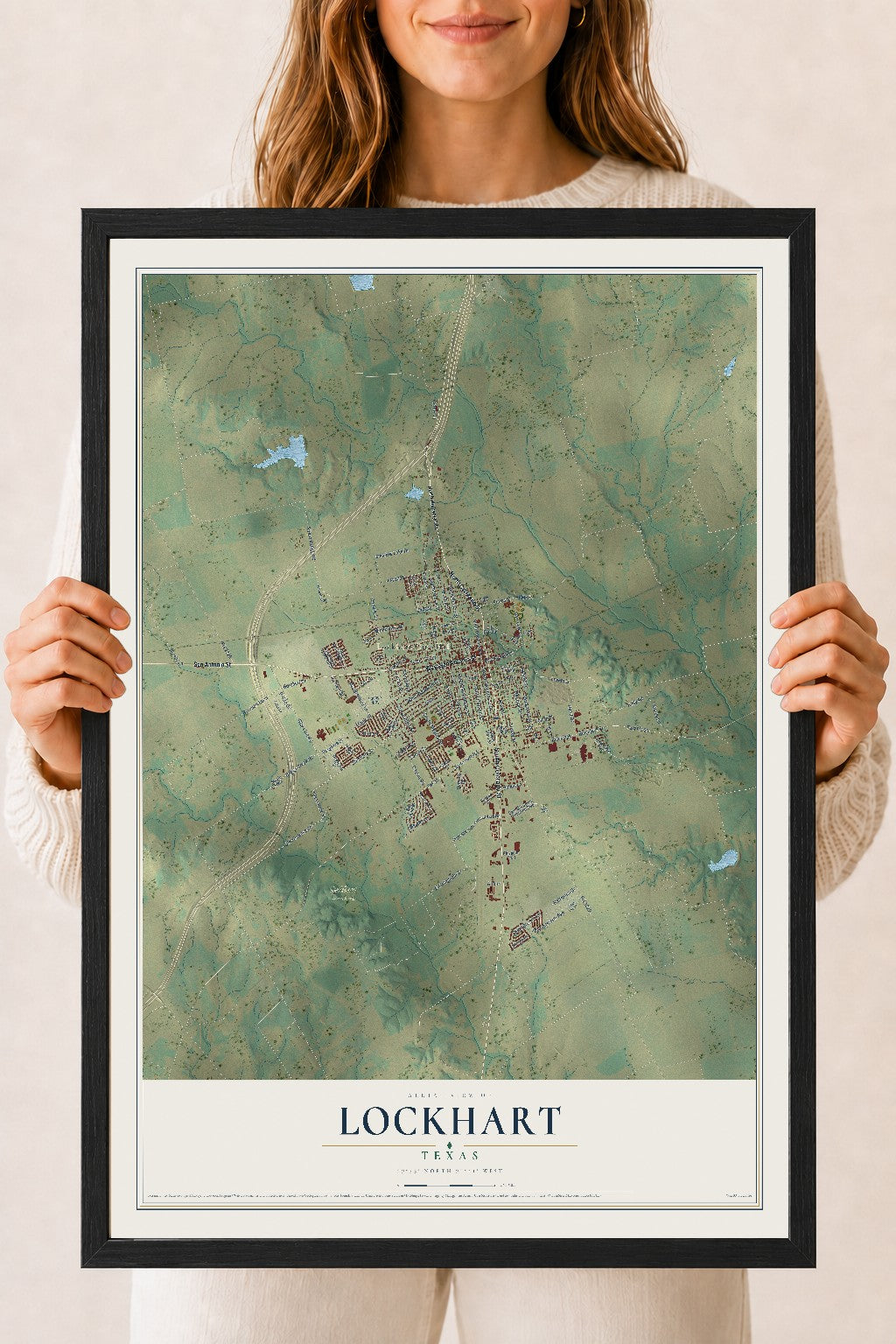 Map of Lockhart, Texas, 18 x 24 inch print in a black wood frame