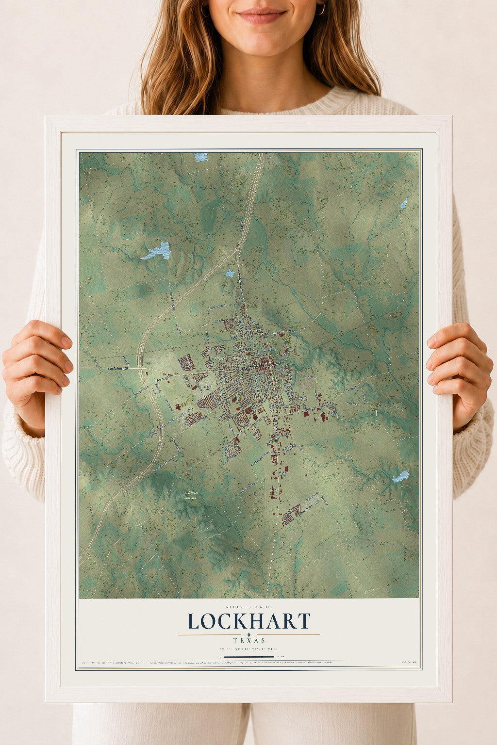 Map of Lockhart, Texas, 18 x 24 inch print in a white wood frame