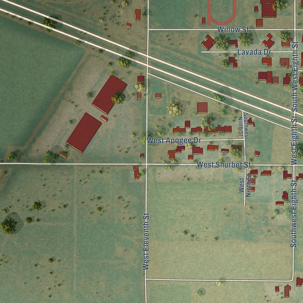 Second close-up of the map of Lockney, Texas print showing more streets and buildings