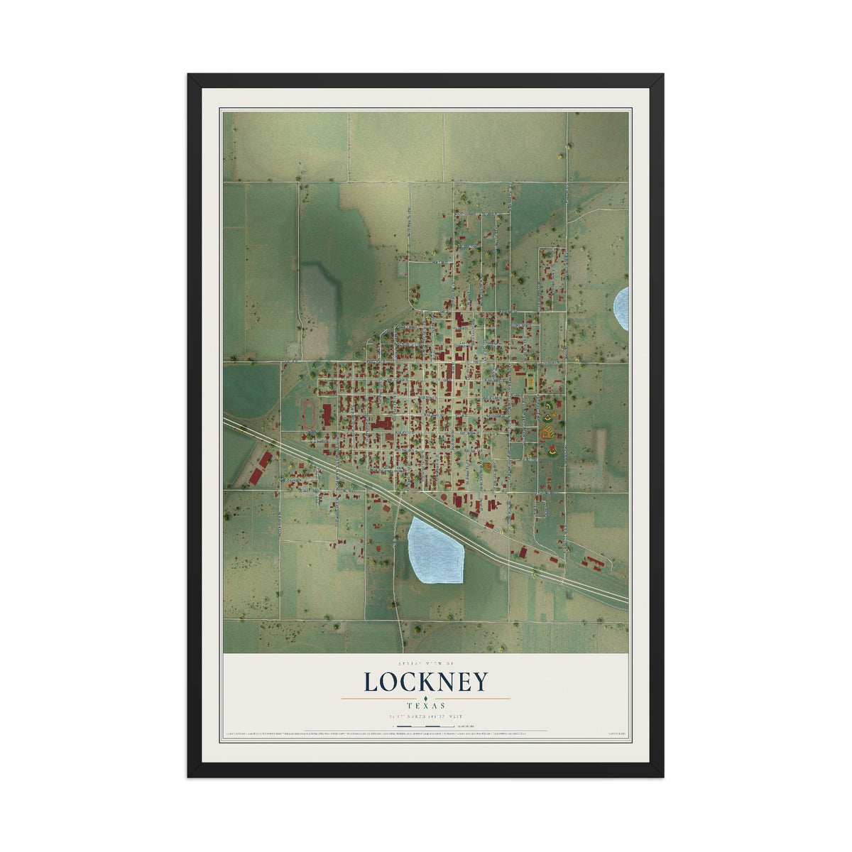 Map of Lockney, Texas, 12 x 18 inch print in a black wood frame