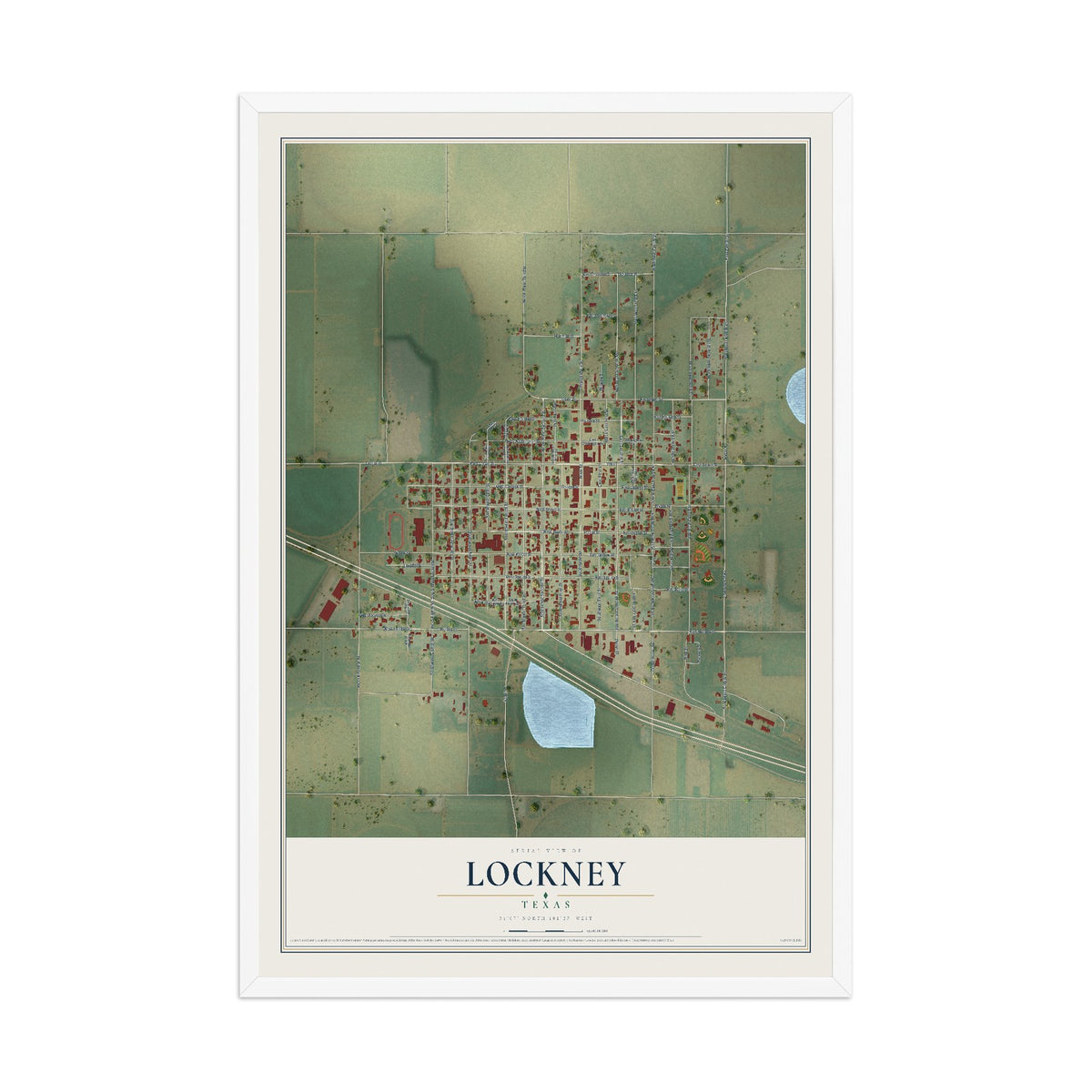 Map of Lockney, Texas, 12 x 18 inch print in a white wood frame