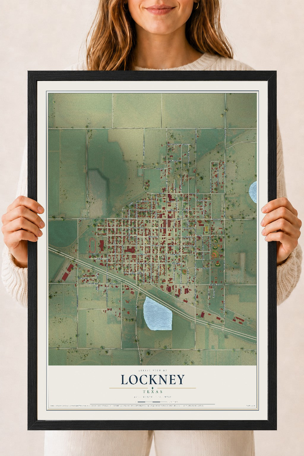 Map of Lockney, Texas, 18 x 24 inch print in a black wood frame