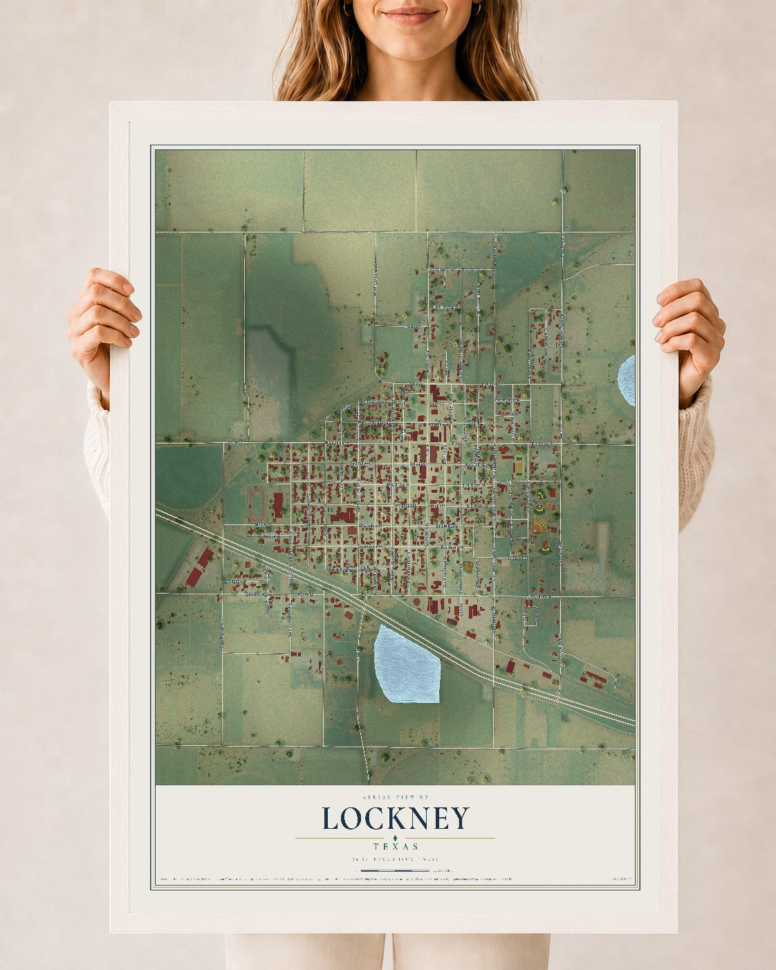 Map of Lockney, Texas, 24 x 36 inch print in a white wood frame