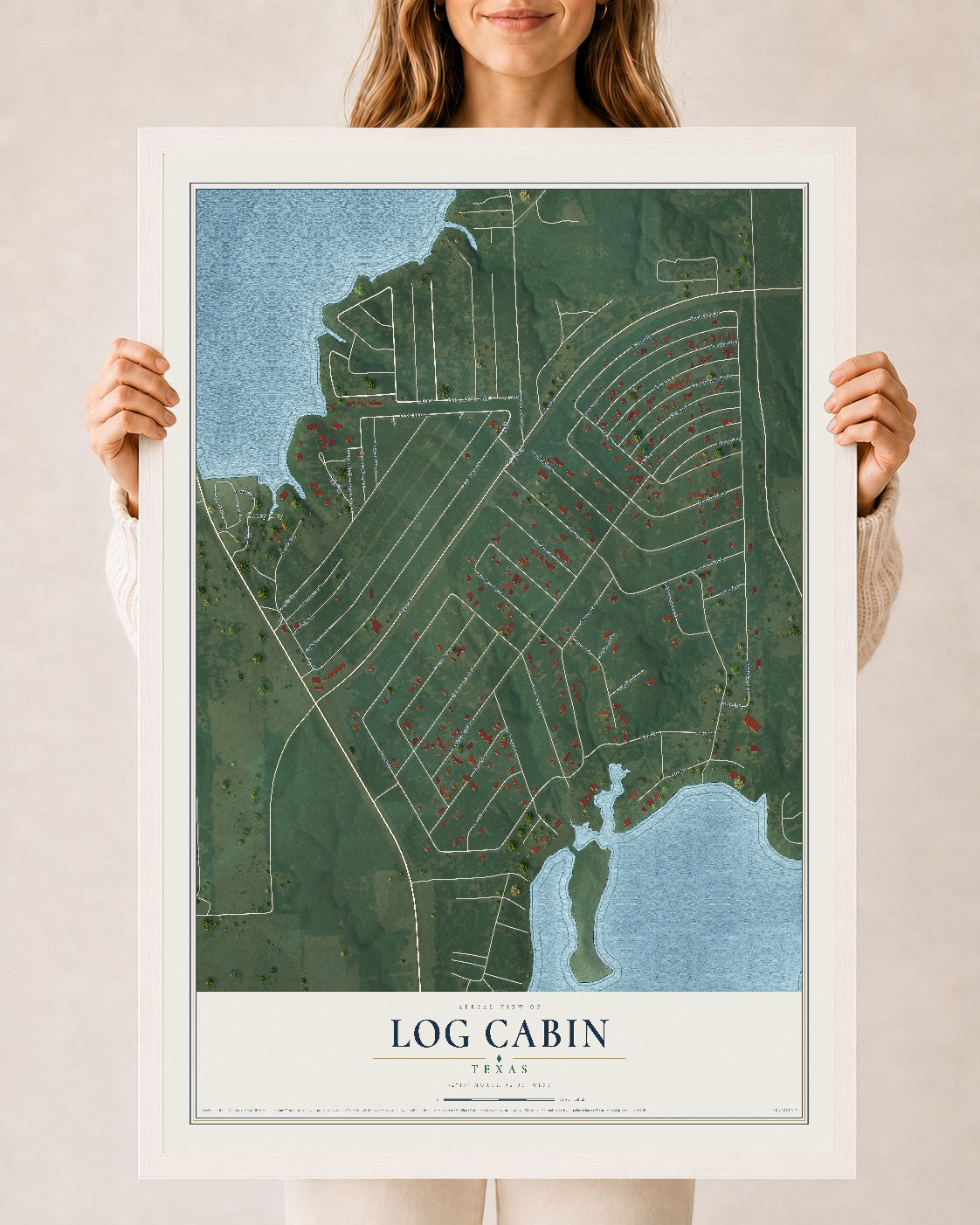 Map of Log Cabin, Texas, 24 x 36 inch print in a white wood frame