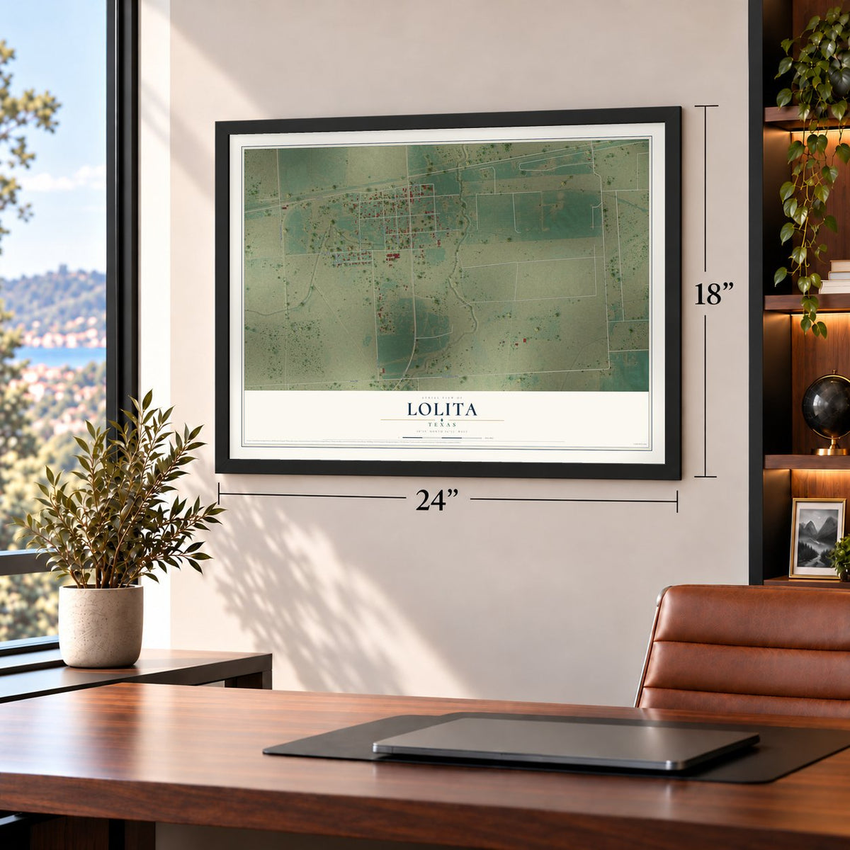 Lolita, Texas map, 18 x 24 inch print in a black frame in a home office