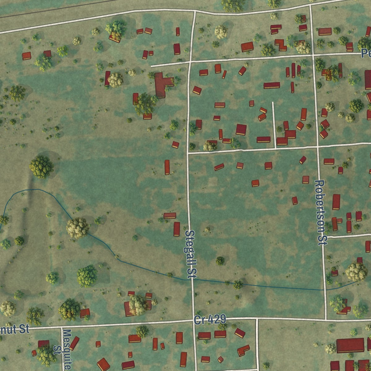 Close-up of the map of Lolita, Texas print showing street and building detail