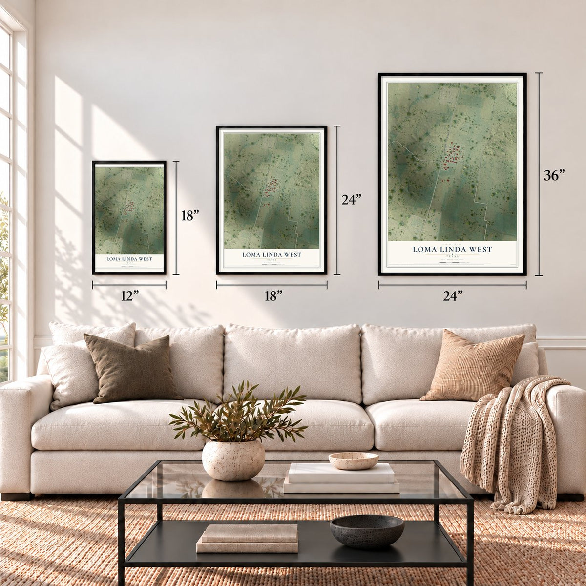 Loma Linda West, Texas map in 12 x 18, 18 x 24 and 24 x 36 inch sizes above a sofa