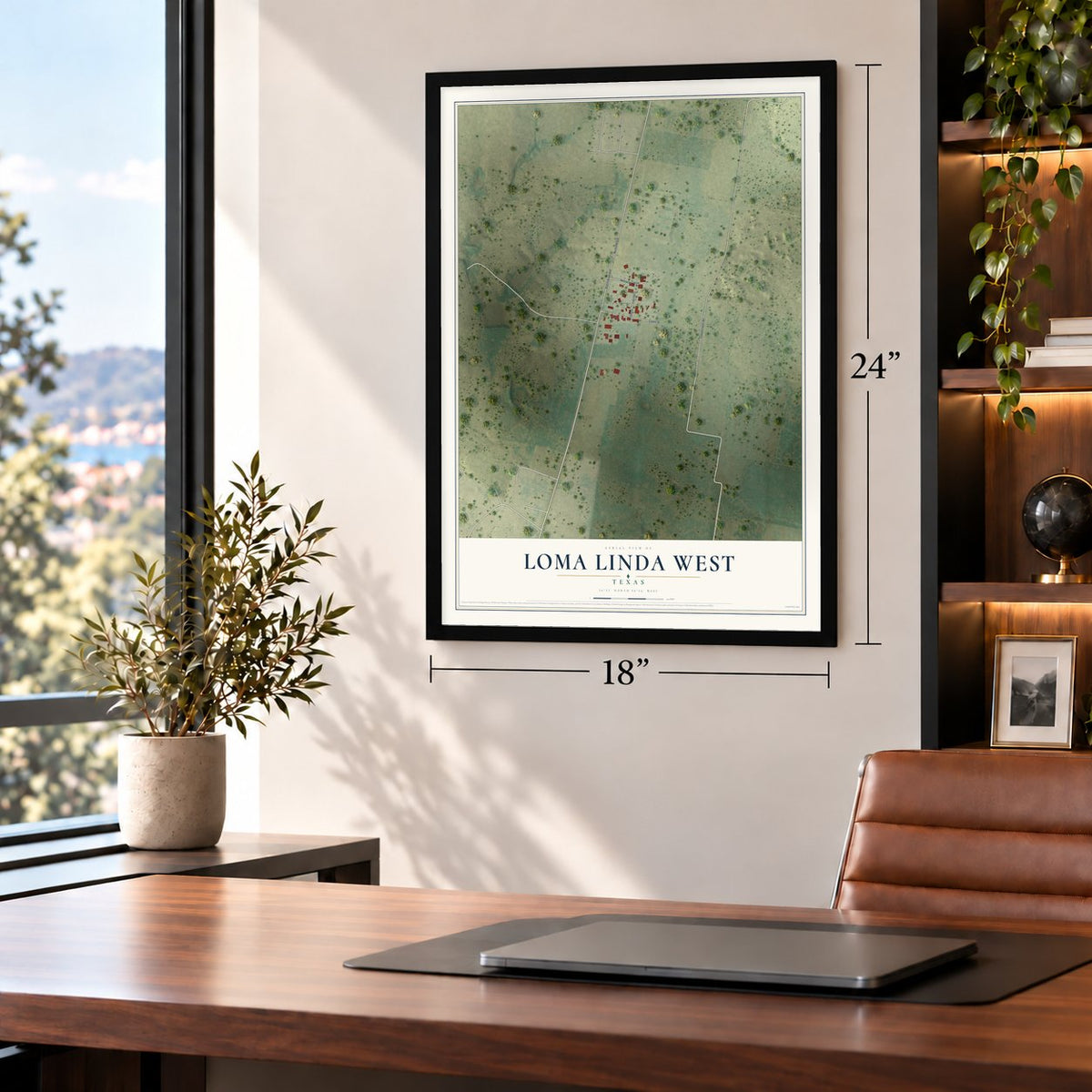 Loma Linda West, Texas map, 18 x 24 inch print in a black frame in a home office