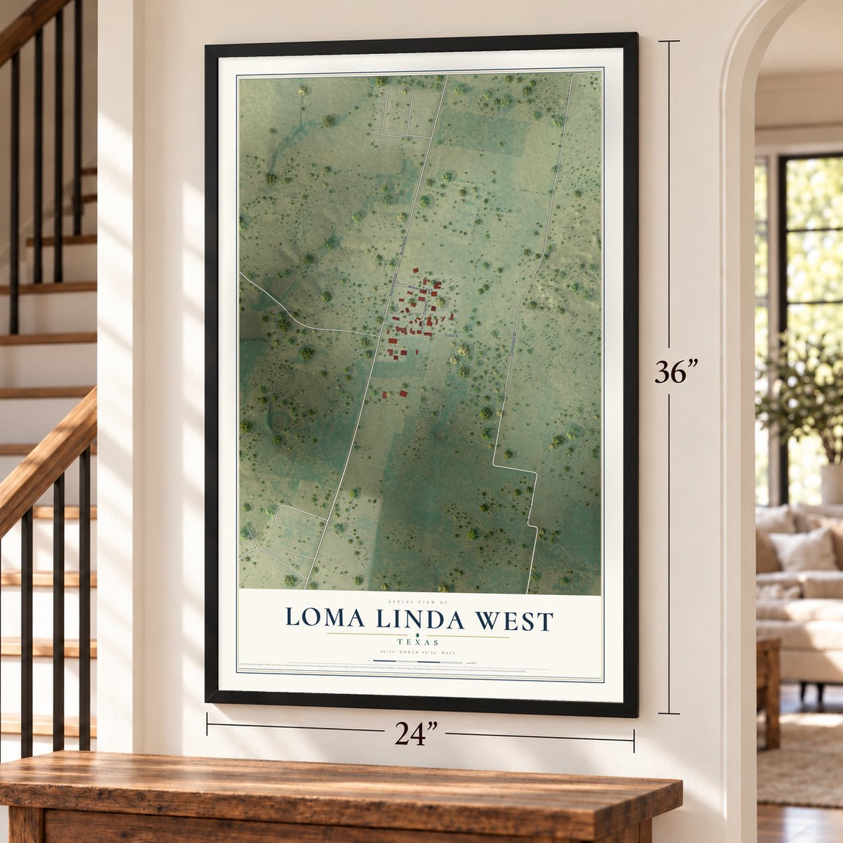 Loma Linda West, Texas map, 24 x 36 inch print in a black frame by a staircase