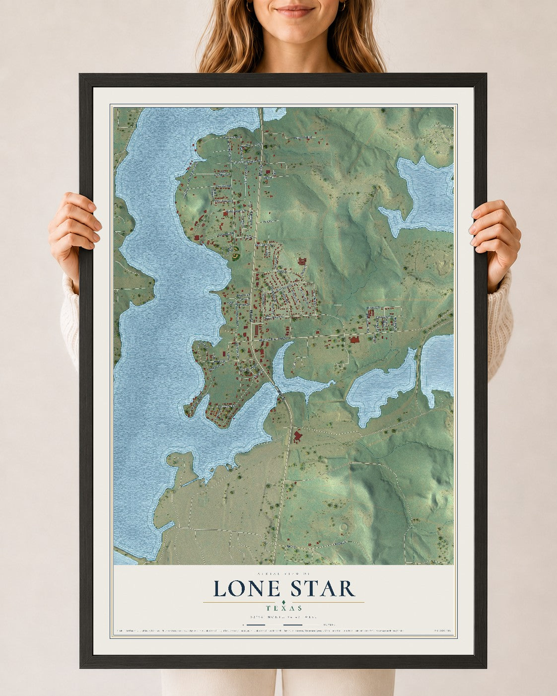 Map of Lone Star, Texas, 24 x 36 inch print in a black wood frame