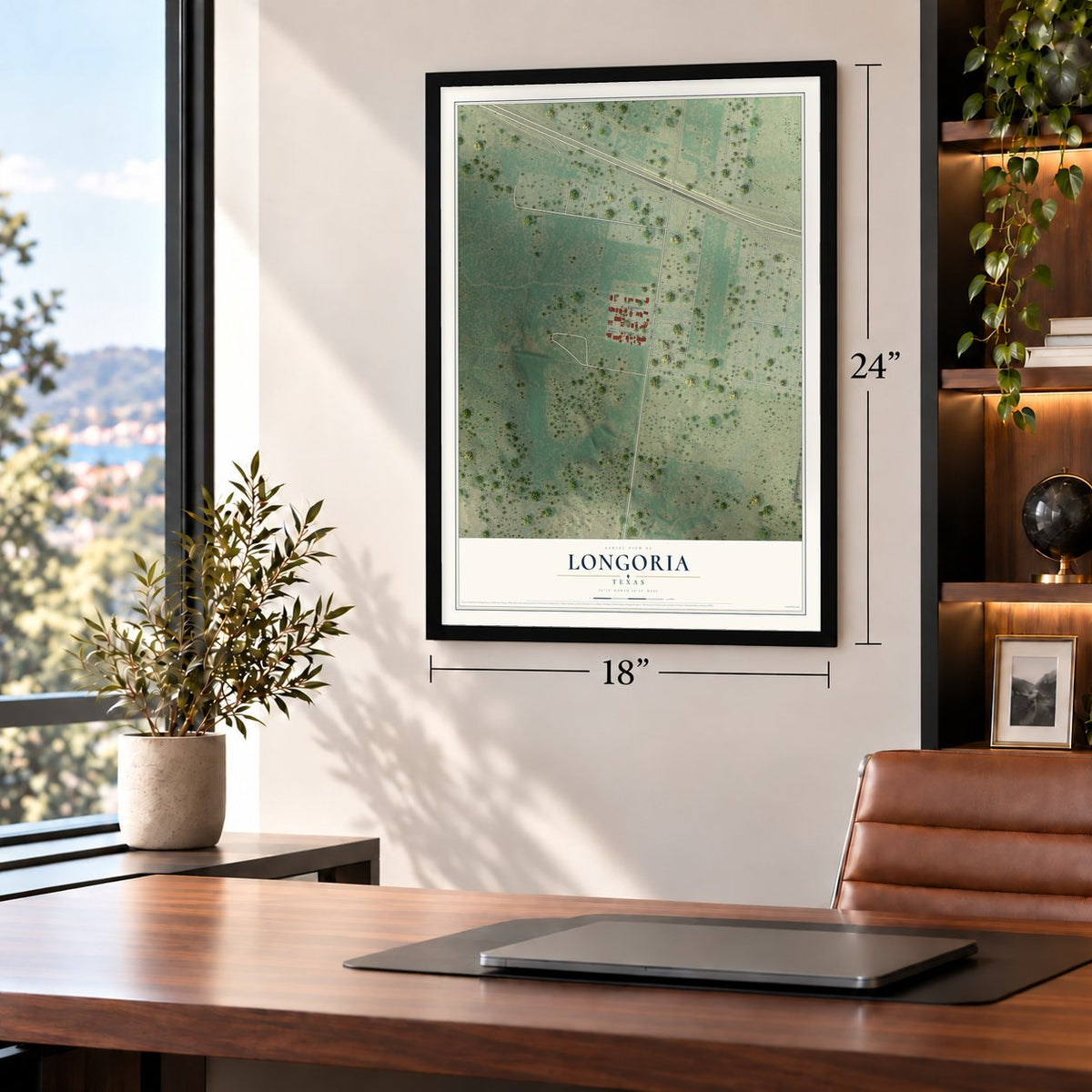 Longoria, Texas map, 18 x 24 inch print in a black frame in a home office
